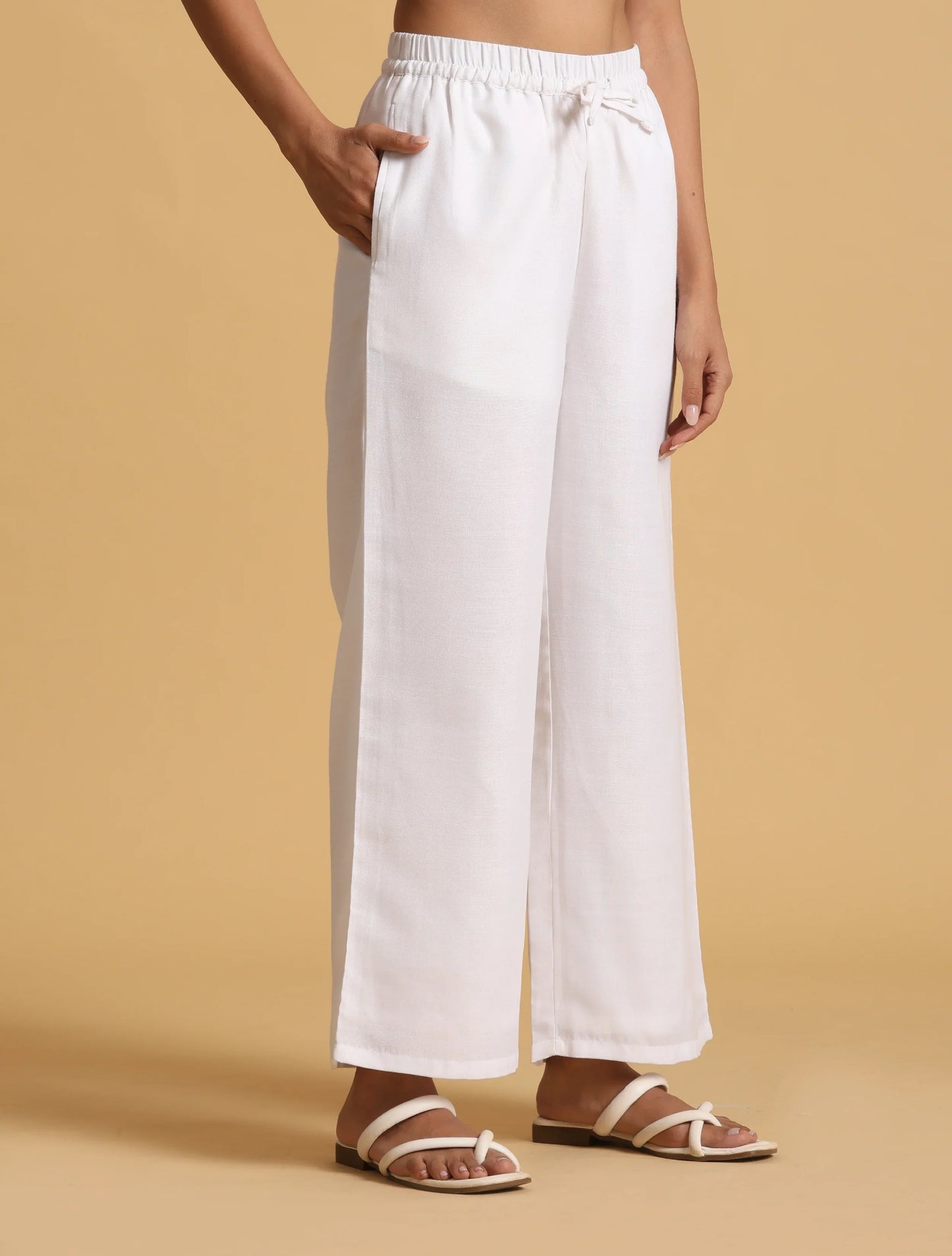 trueBrowns White Cotton Blend Elasticated Drawstring Straight Pants | Swadesiicart