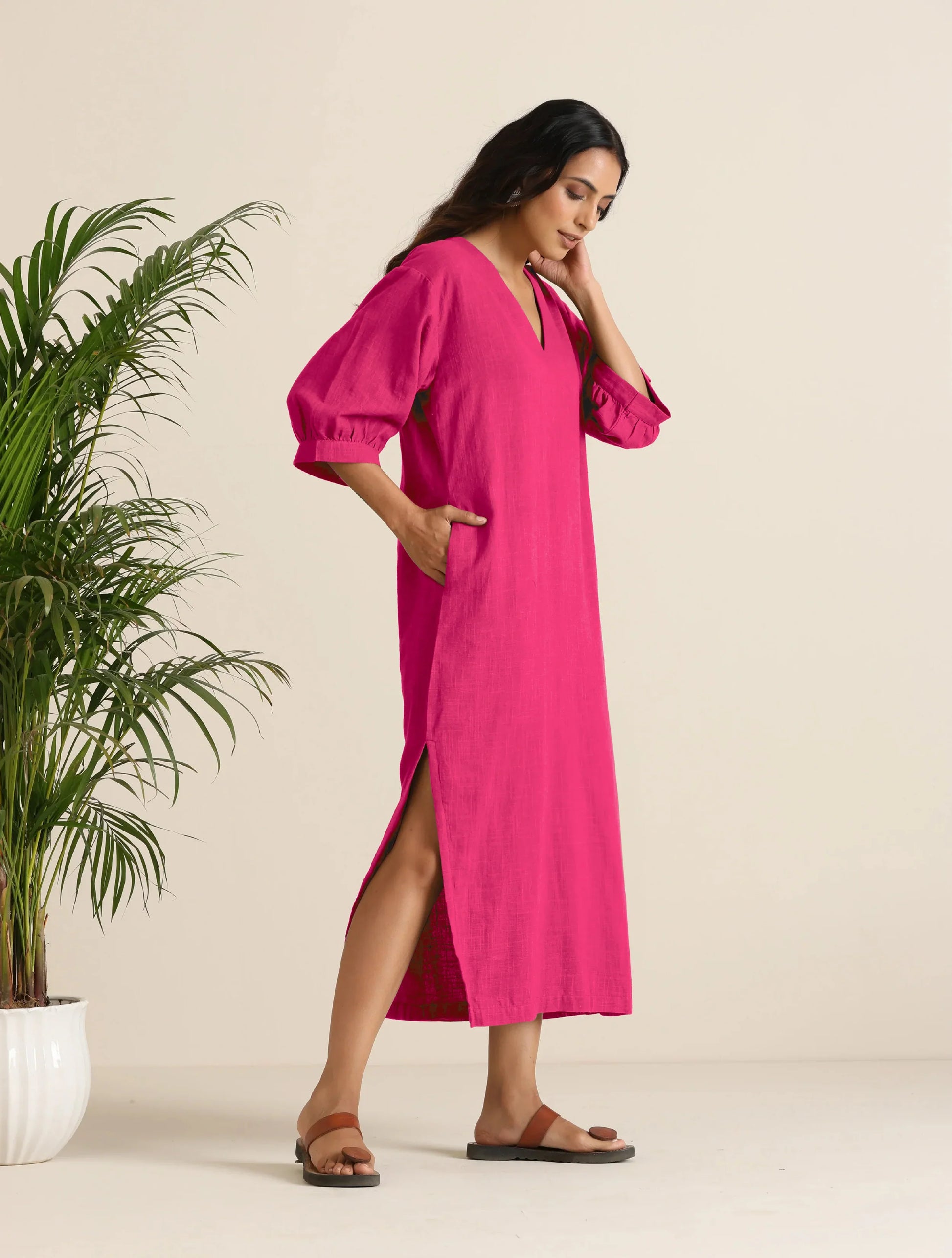 trueBrowns Hot Pink Cotton Blend Long Dress | Swadesiicart