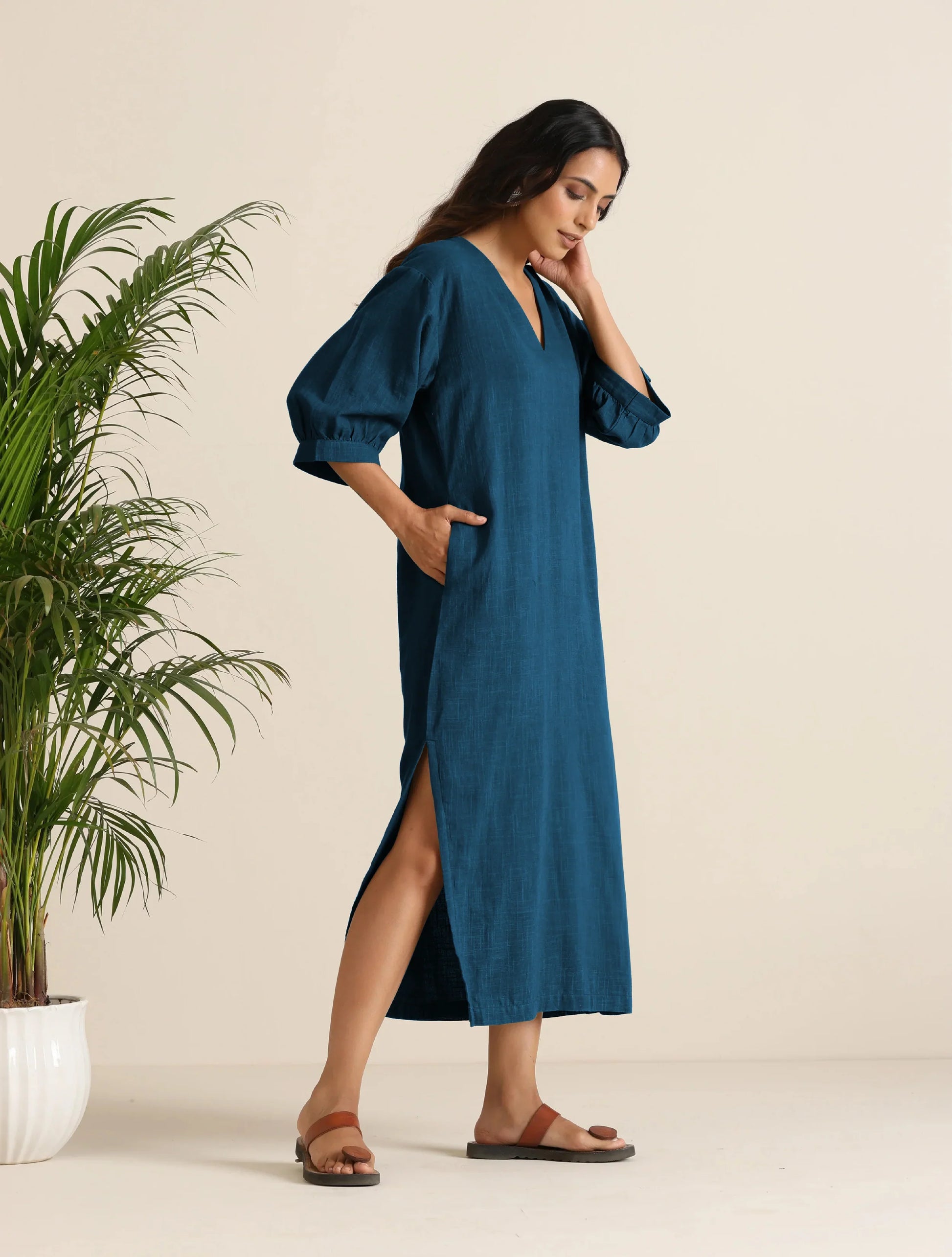 trueBrowns Blue Cotton Blend Long Dress | Swadesiicart