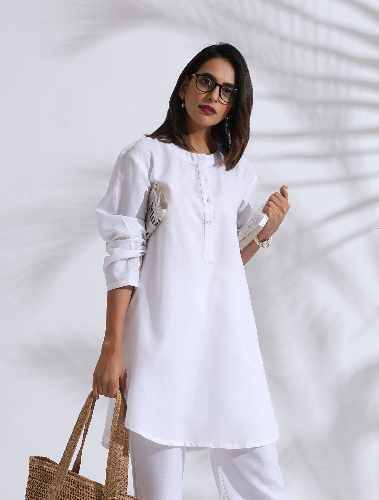 trueBrowns White Slub Kurta Co-ord Set - Swadesiicart