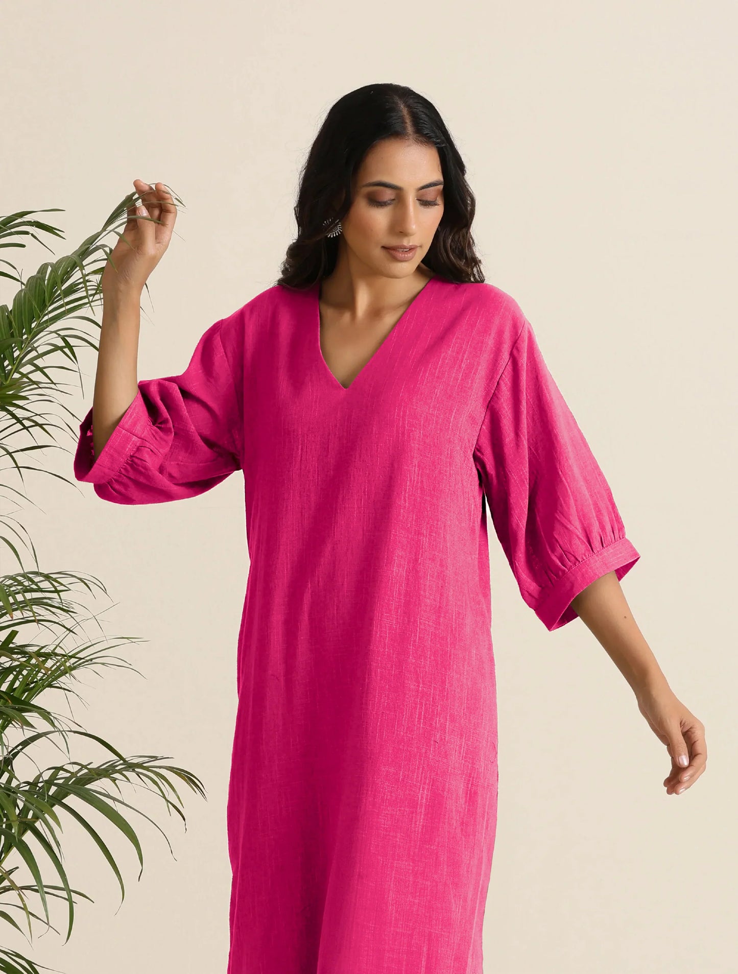 trueBrowns Hot Pink Cotton Blend Long Dress | Swadesiicart
