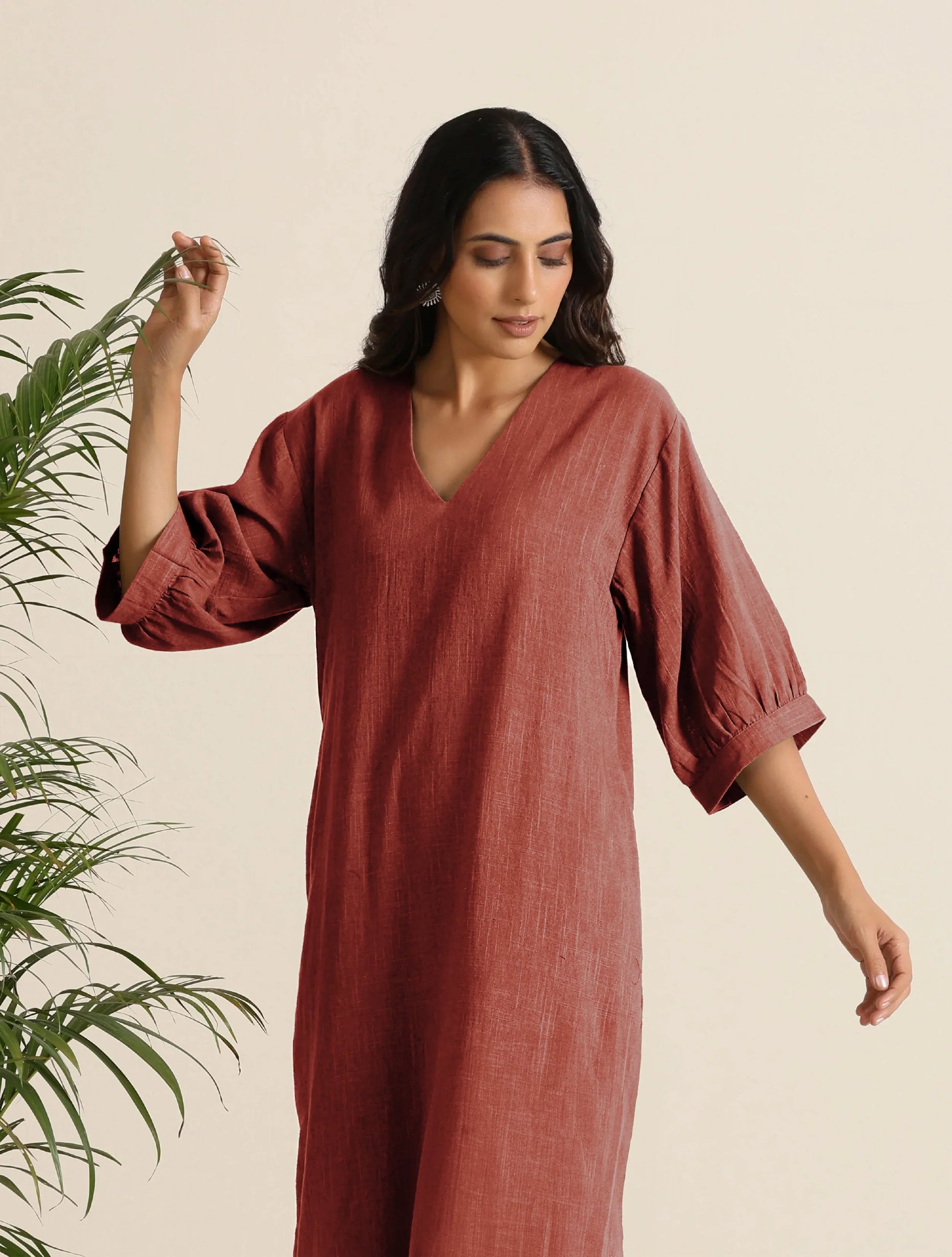 trueBrowns Rust Pink Cotton Blend Long Dress | Swadesiicart