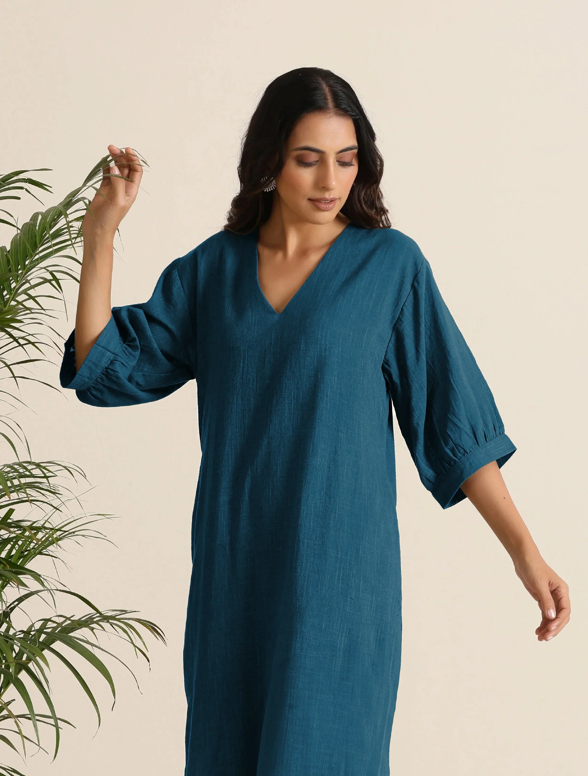 trueBrowns Blue Cotton Blend Long Dress | Swadesiicart