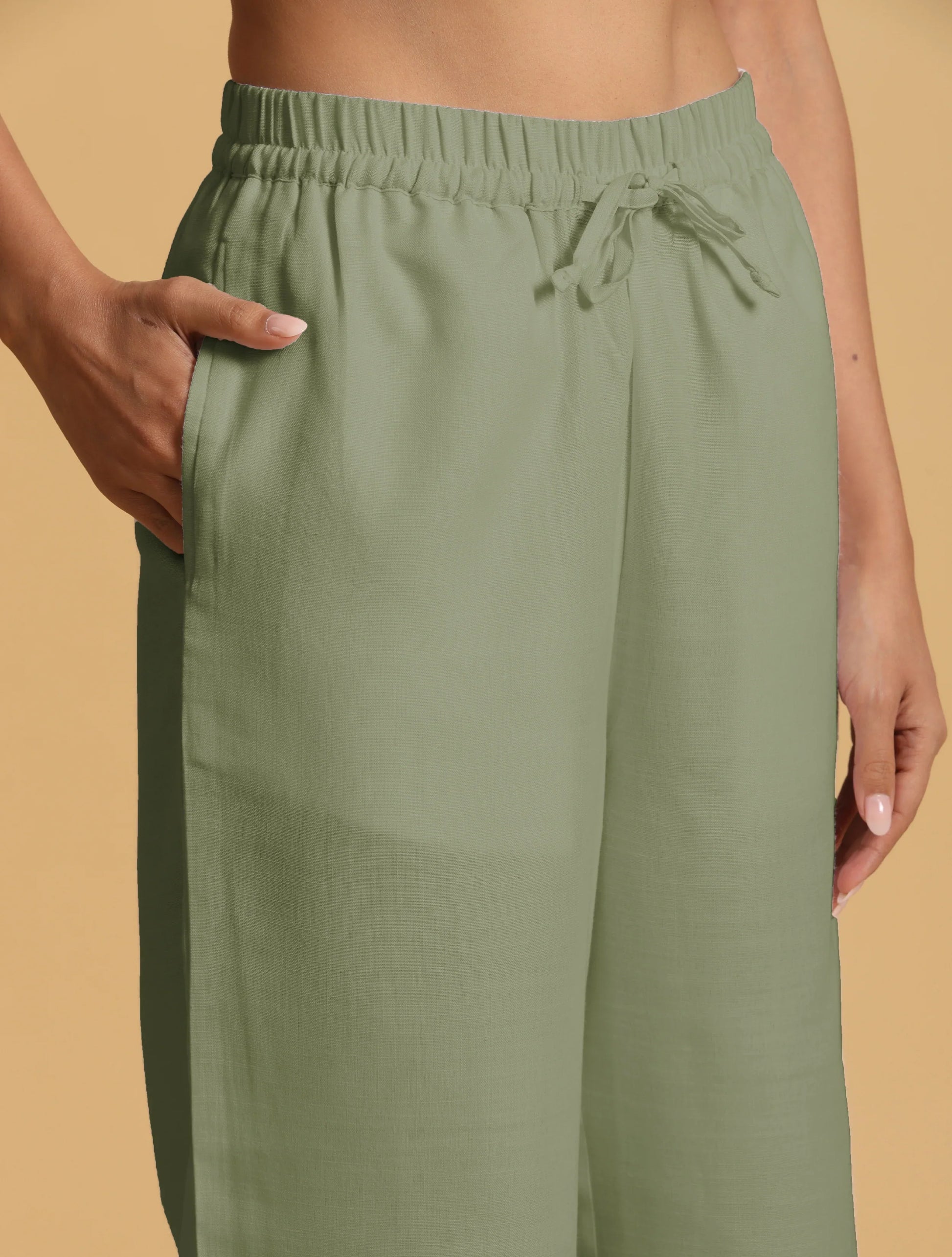 trueBrowns Mint Green Cotton Blend Elasticated Drawstring Straight Pants | Swadesiicart