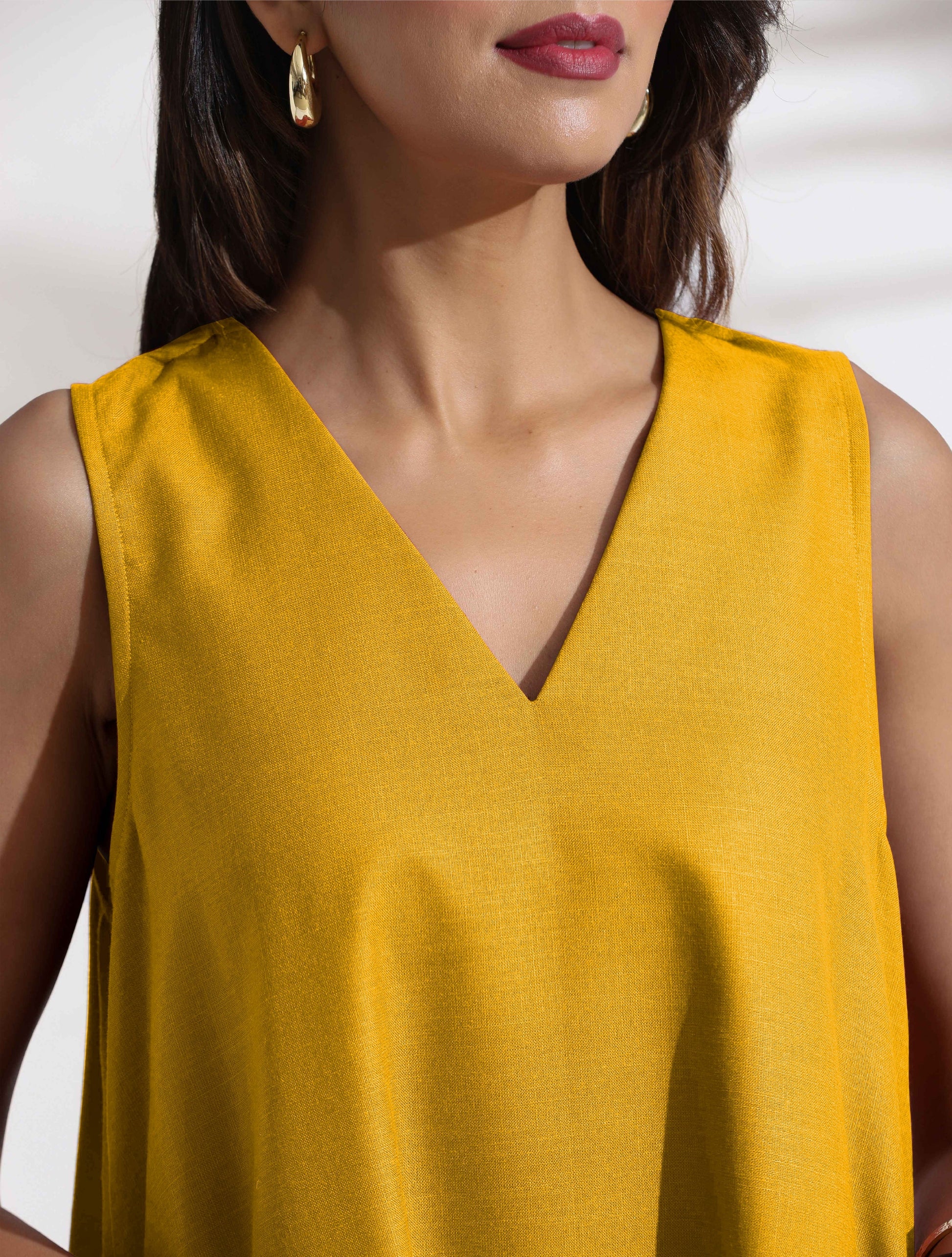 trueBrowns Mustard Cotton Blend Short Dress | Swadesiicart