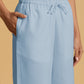 trueBrowns Light Blue Cotton Blend Straight Drawstring Pants | Swadesiicart