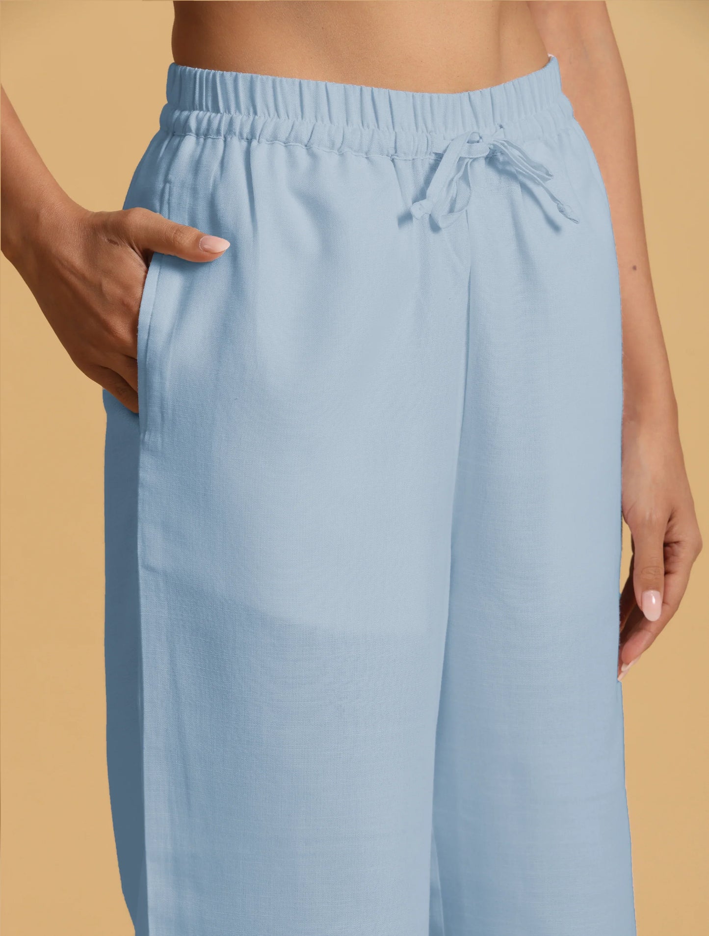 trueBrowns Light Blue Cotton Blend Straight Drawstring Pants | Swadesiicart