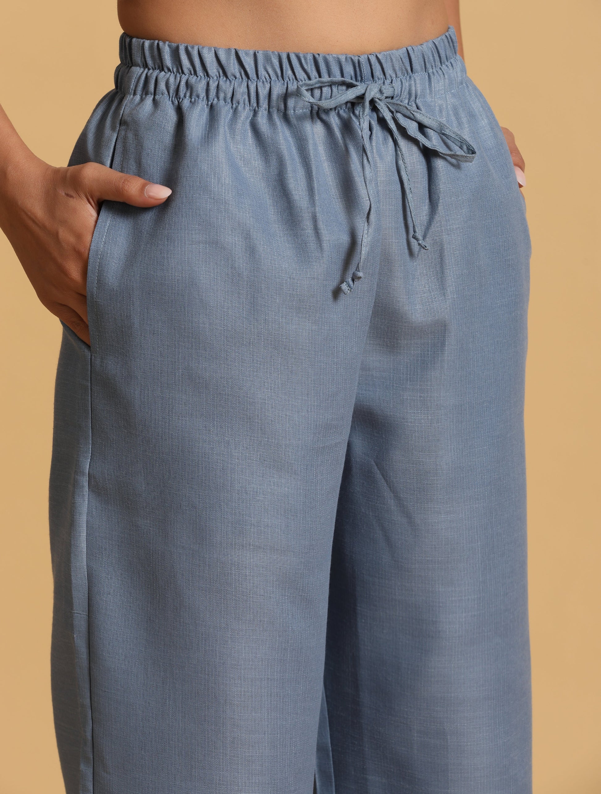trueBrowns Blue Cotton Blend Elasticated Drawstring Straight Pants | Swadesiicart