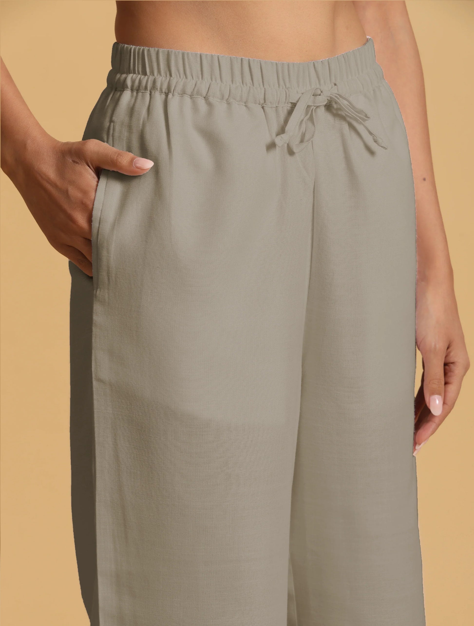 trueBrowns Grey Cotton Blend Elasticated Drawstring Straight Pants | Swadesiicart