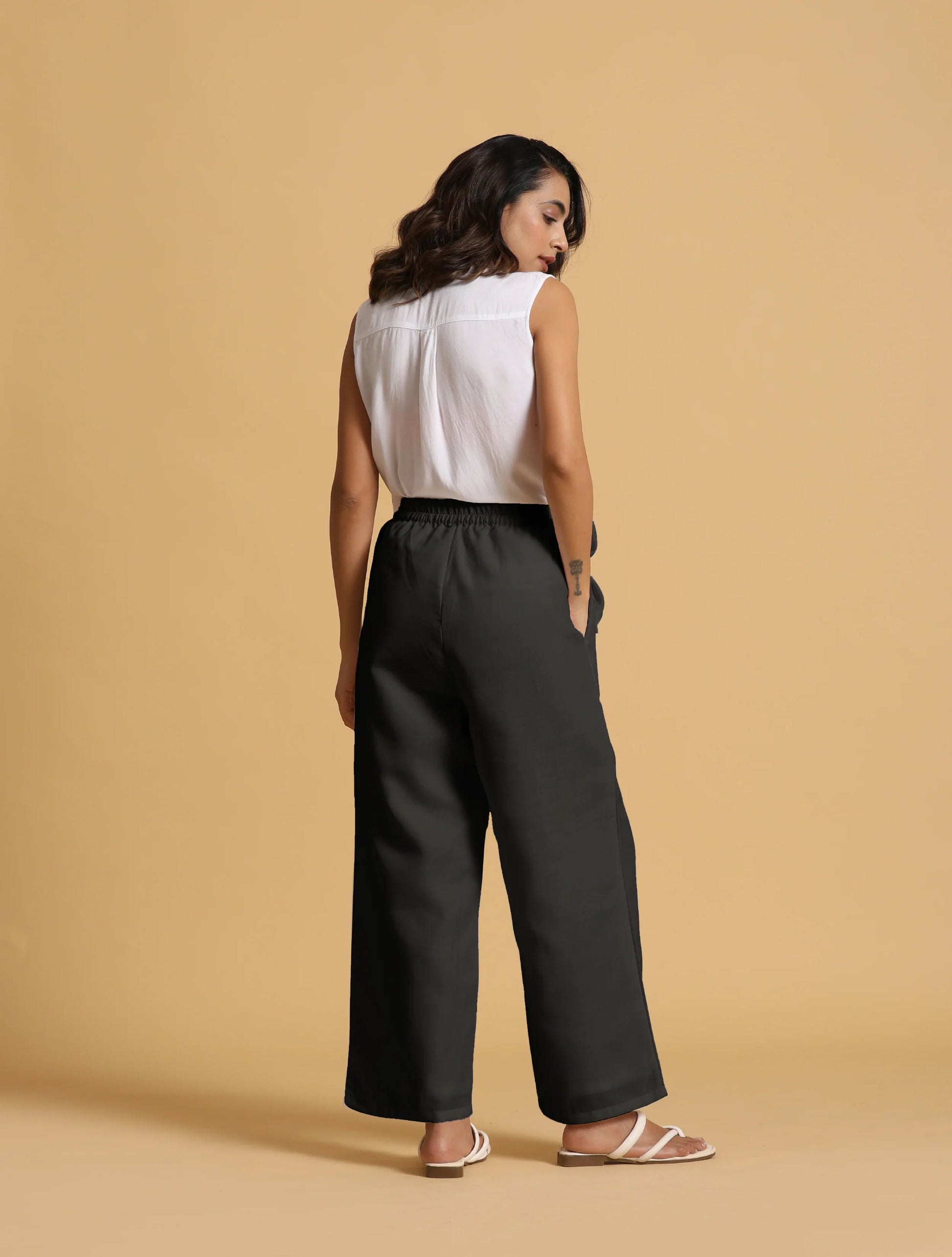 trueBrowns Black Cotton Blend Elasticated Drawstring Straight Pants | Swadesiicart