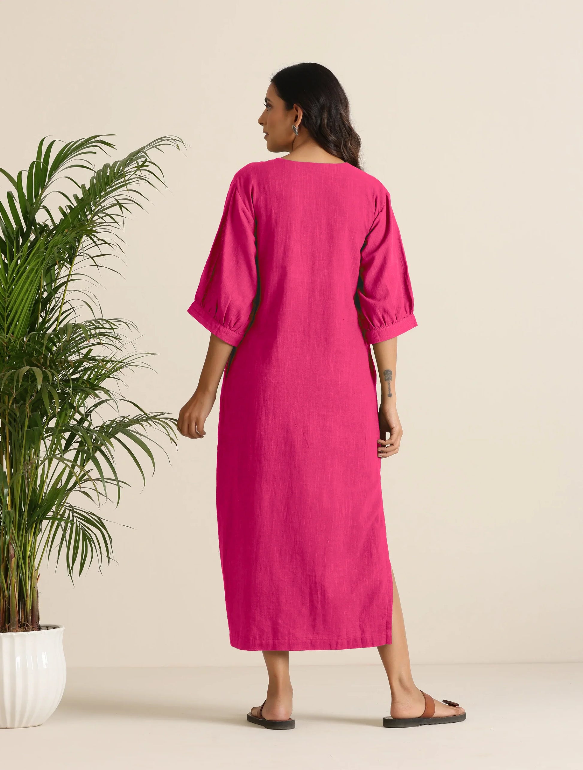 trueBrowns Hot Pink Cotton Blend Long Dress | Swadesiicart