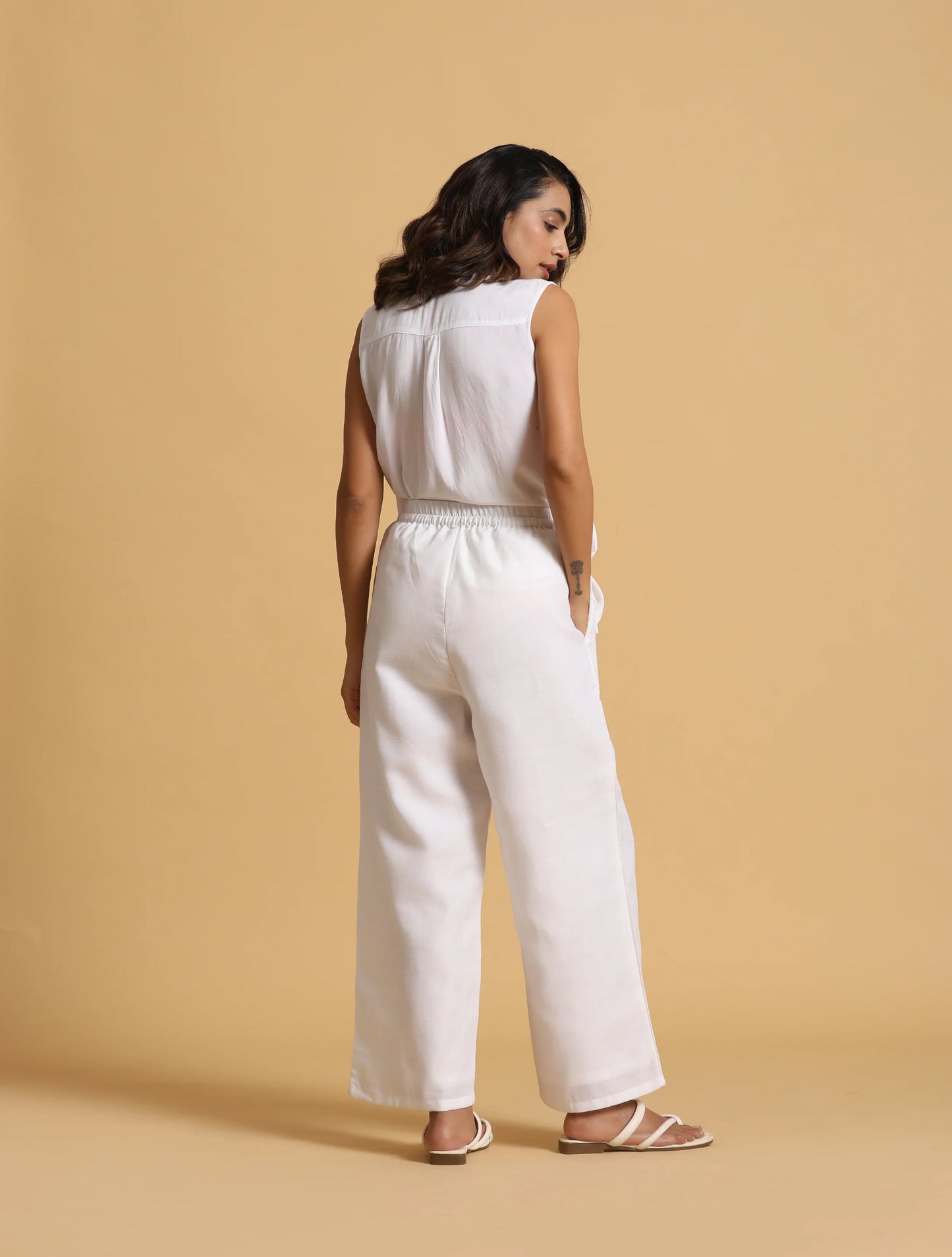 trueBrowns White Cotton Blend Elasticated Drawstring Straight Pants | Swadesiicart