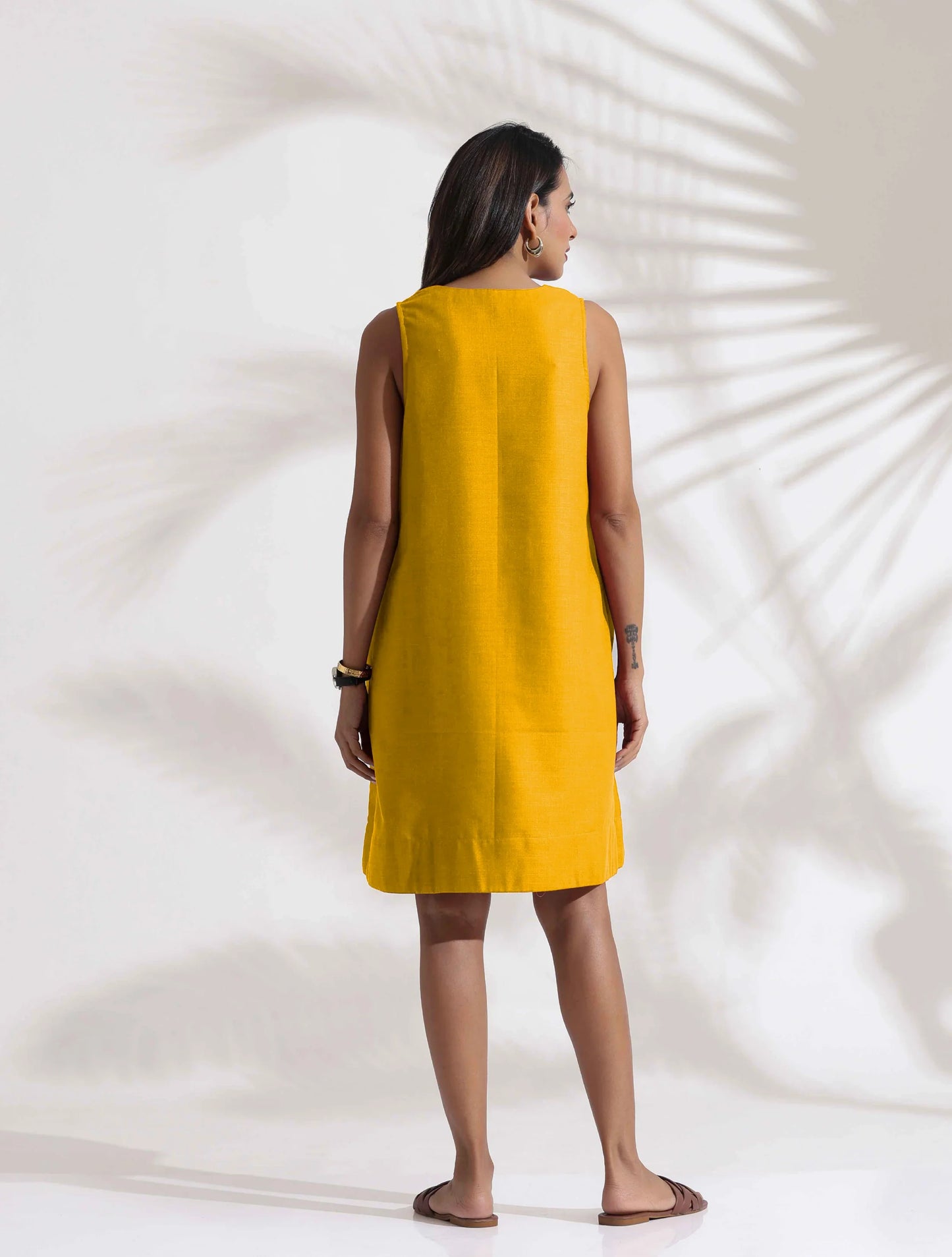 trueBrowns Mustard Cotton Blend Short Dress | Swadesiicart