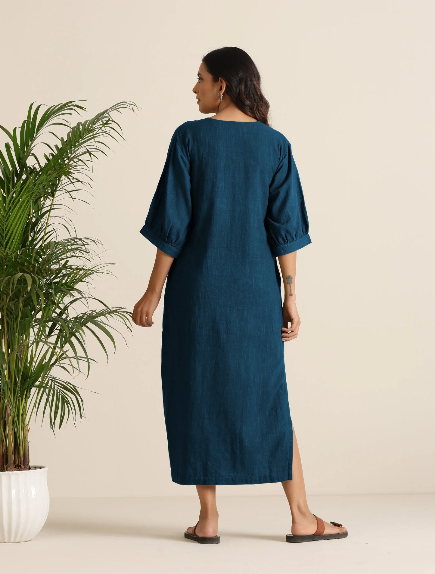 trueBrowns Blue Cotton Blend Long Dress | Swadesiicart