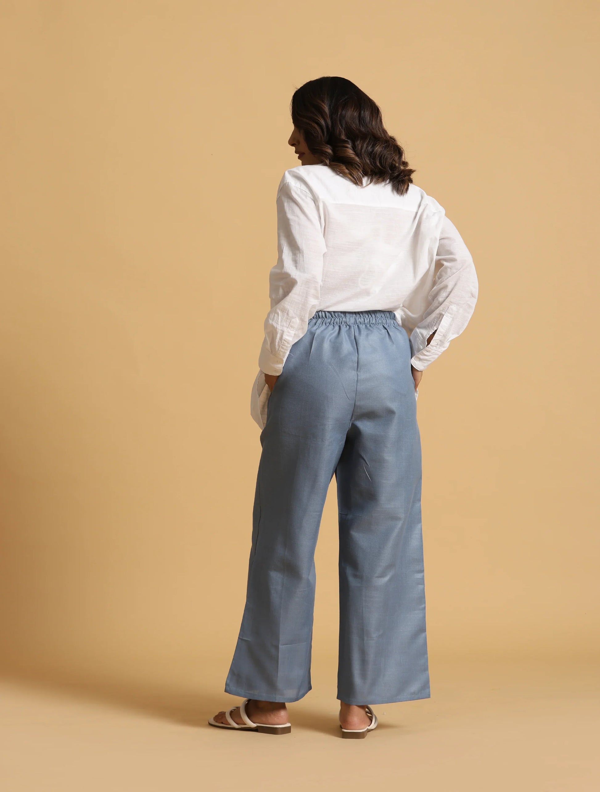 trueBrowns Blue Cotton Blend Elasticated Drawstring Straight Pants | Swadesiicart