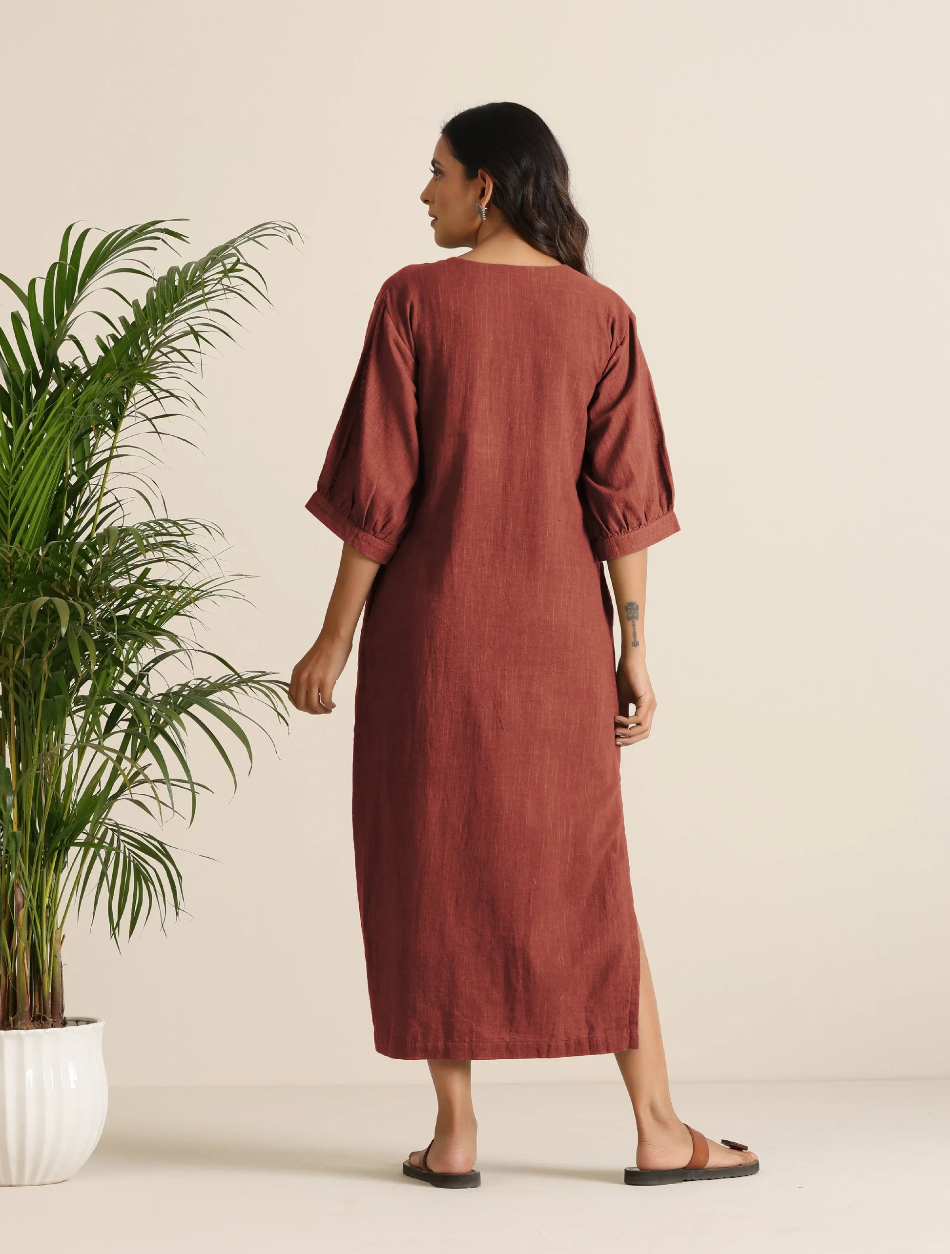 trueBrowns Rust Pink Cotton Blend Long Dress | Swadesiicart