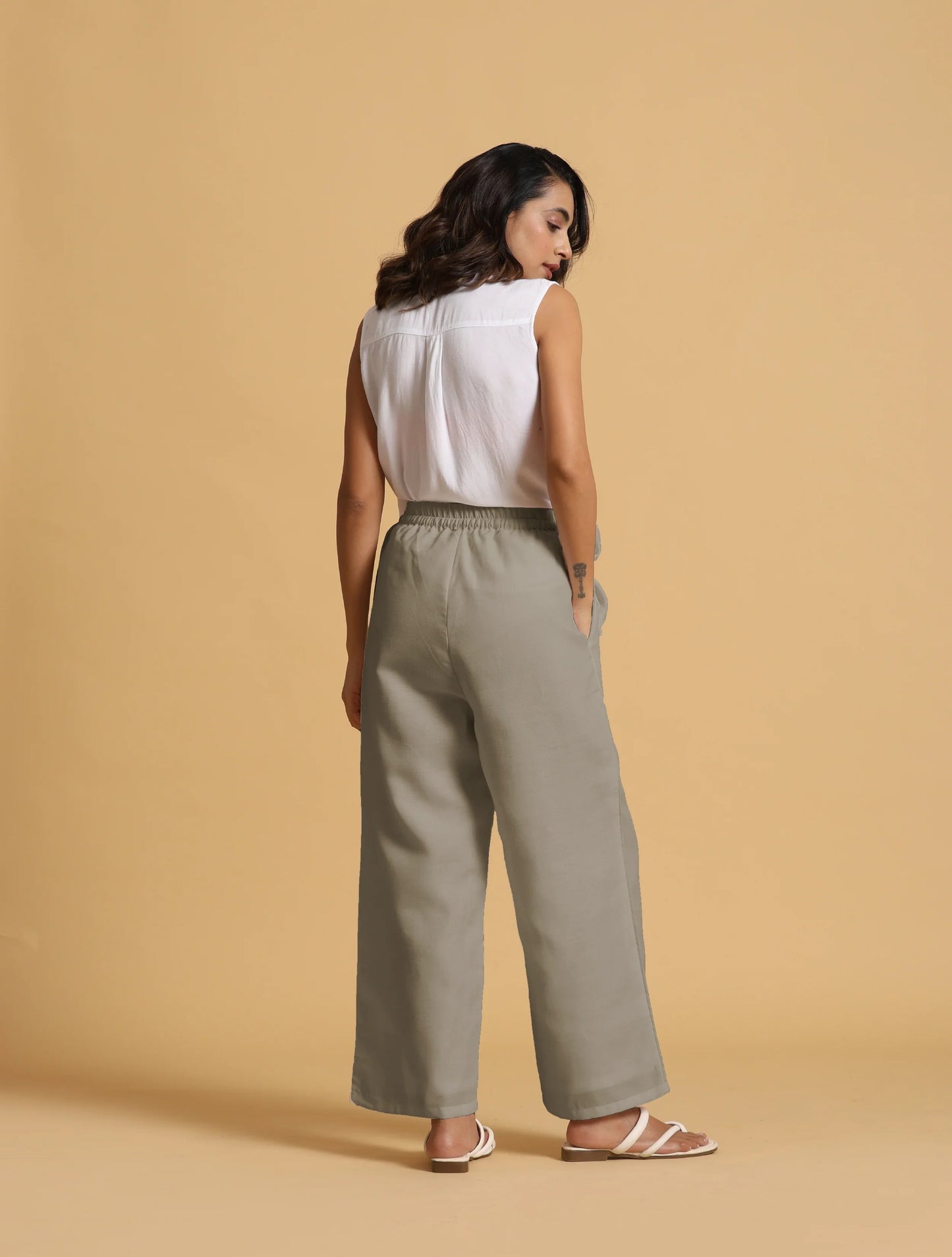 trueBrowns Grey Cotton Blend Elasticated Drawstring Straight Pants | Swadesiicart