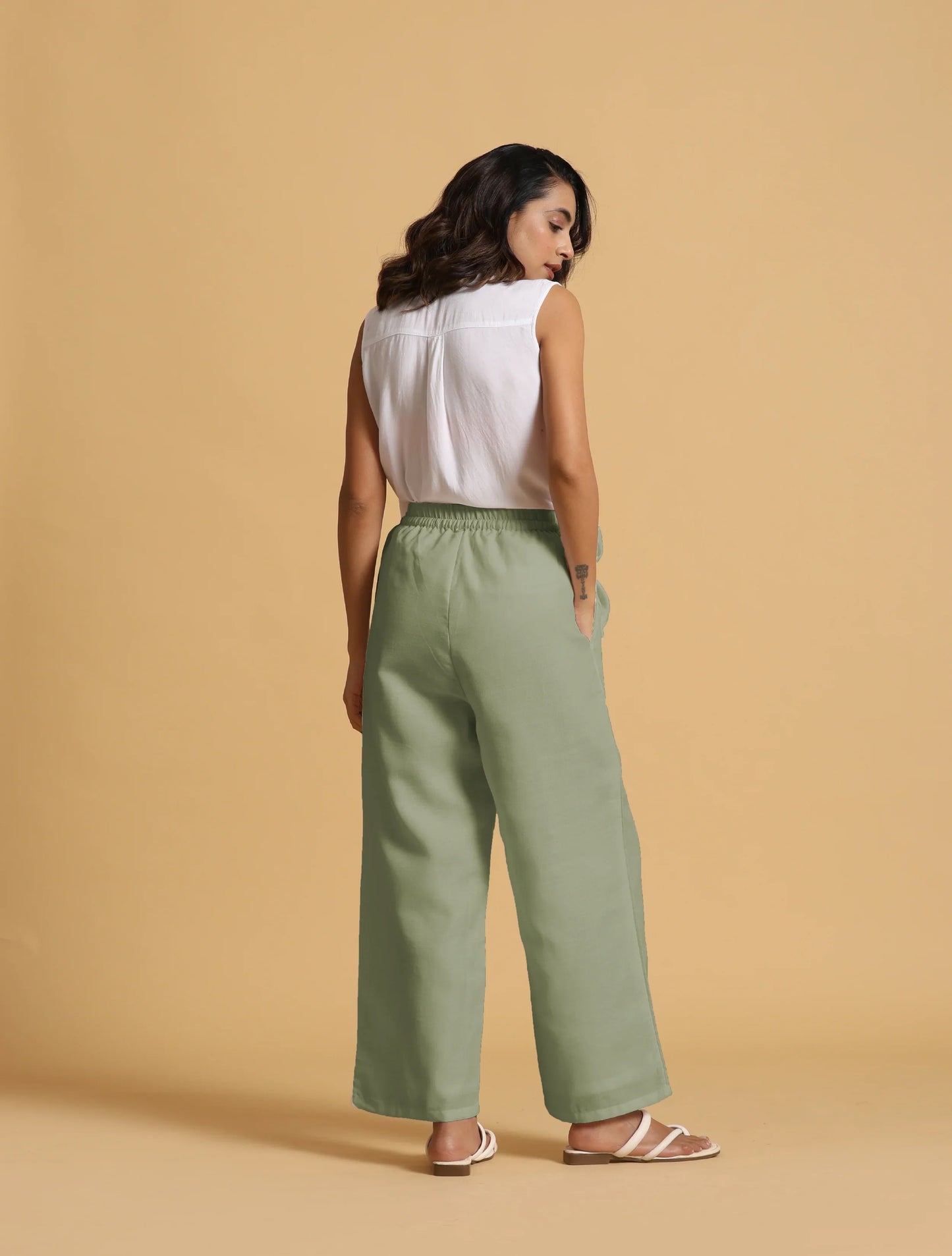 trueBrowns Mint Green Cotton Blend Elasticated Drawstring Straight Pants | Swadesiicart