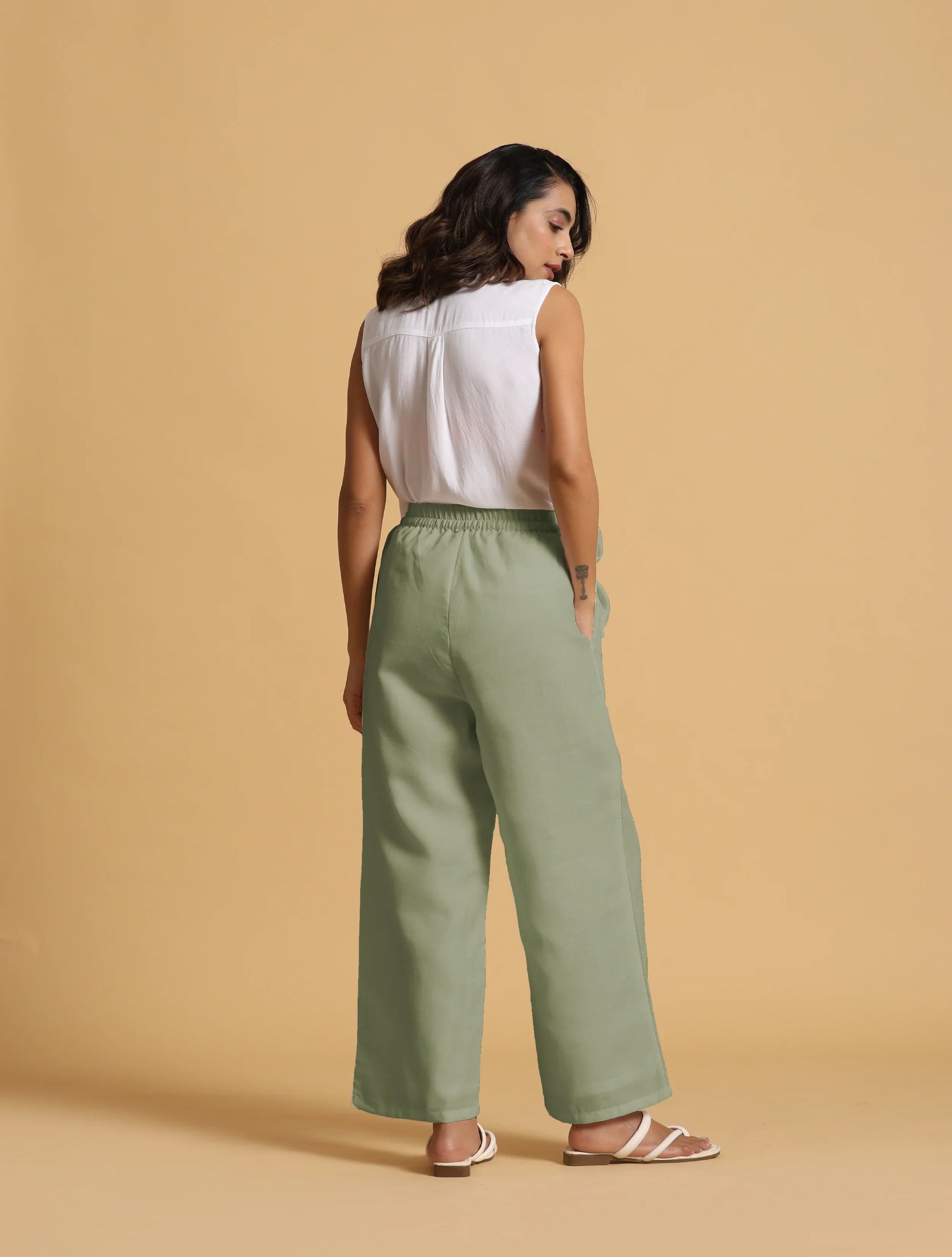 trueBrowns Mint Green Cotton Blend Elasticated Drawstring Straight Pants | Swadesiicart