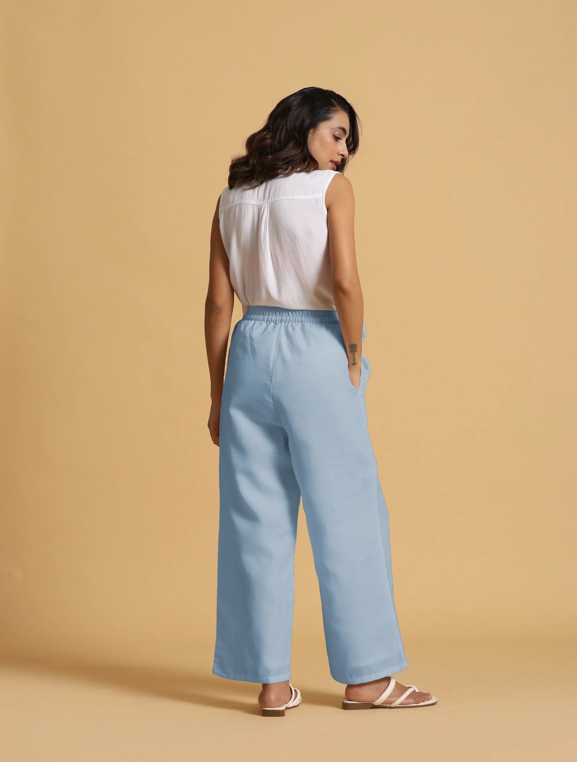 trueBrowns Light Blue Cotton Blend Straight Drawstring Pants | Swadesiicart