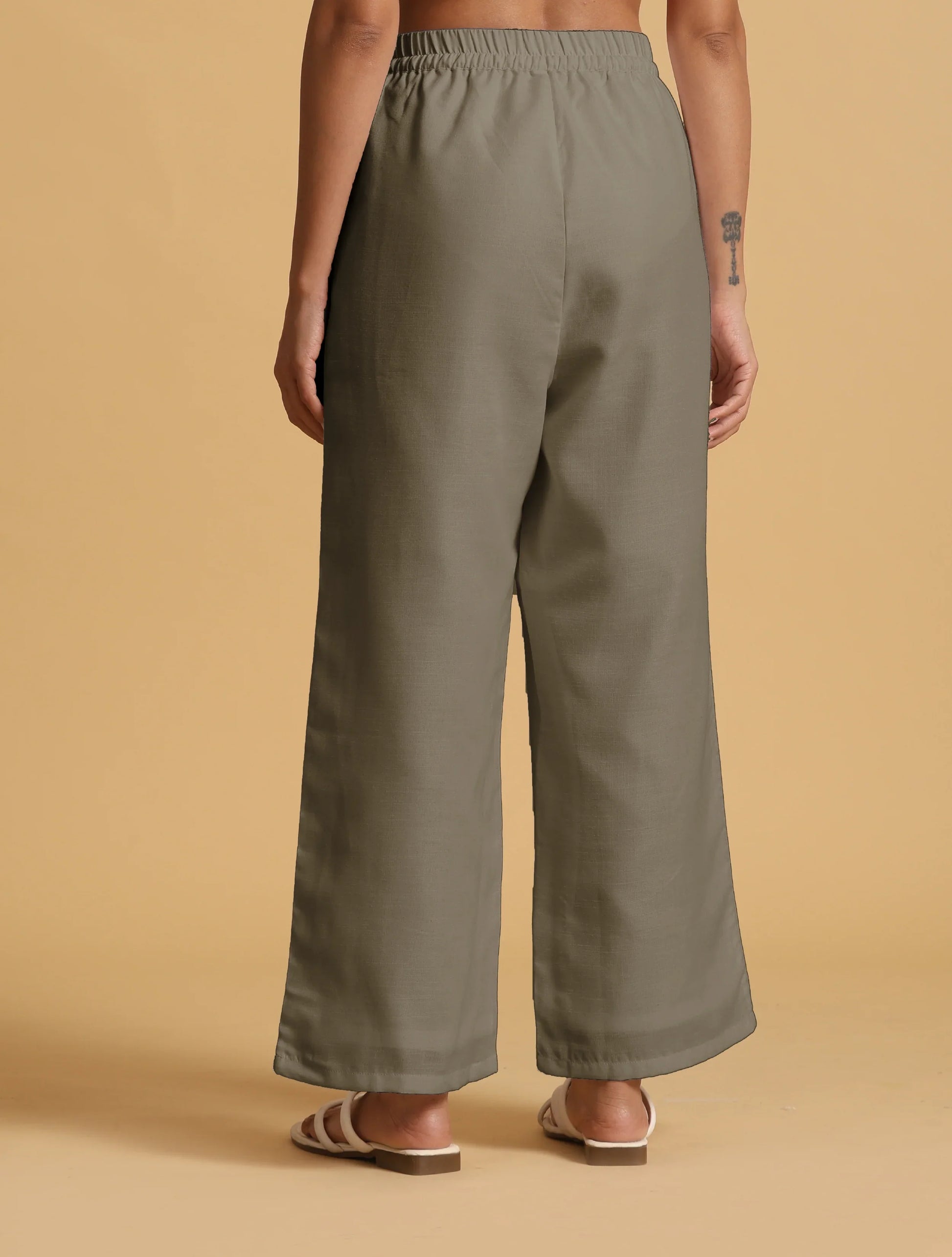 trueBrowns Olive Cotton Blend Elasticated Drawstring Straight Pants | Swadesiicart