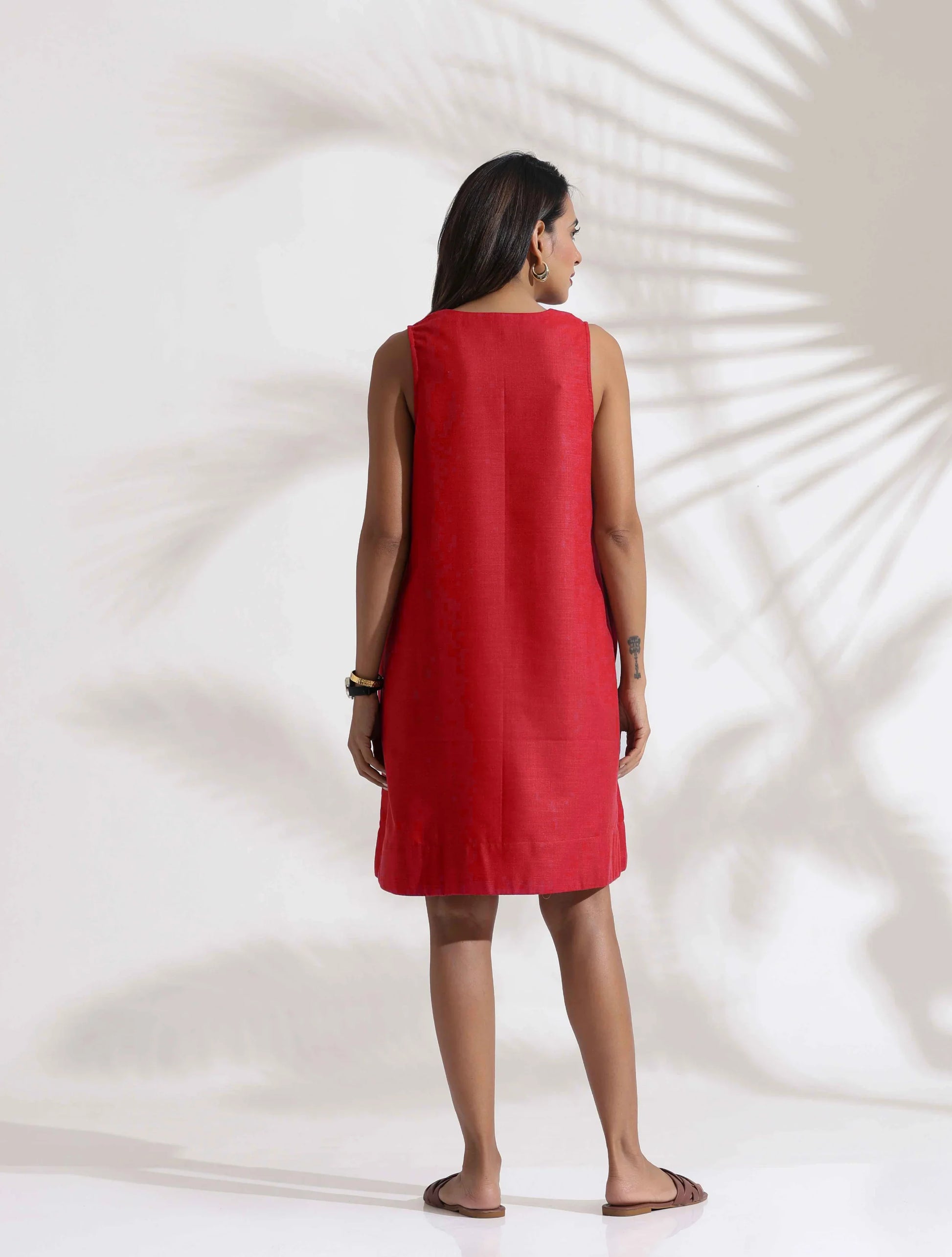 trueBrowns Red Cotton Blend Short Dress | Swadesiicart