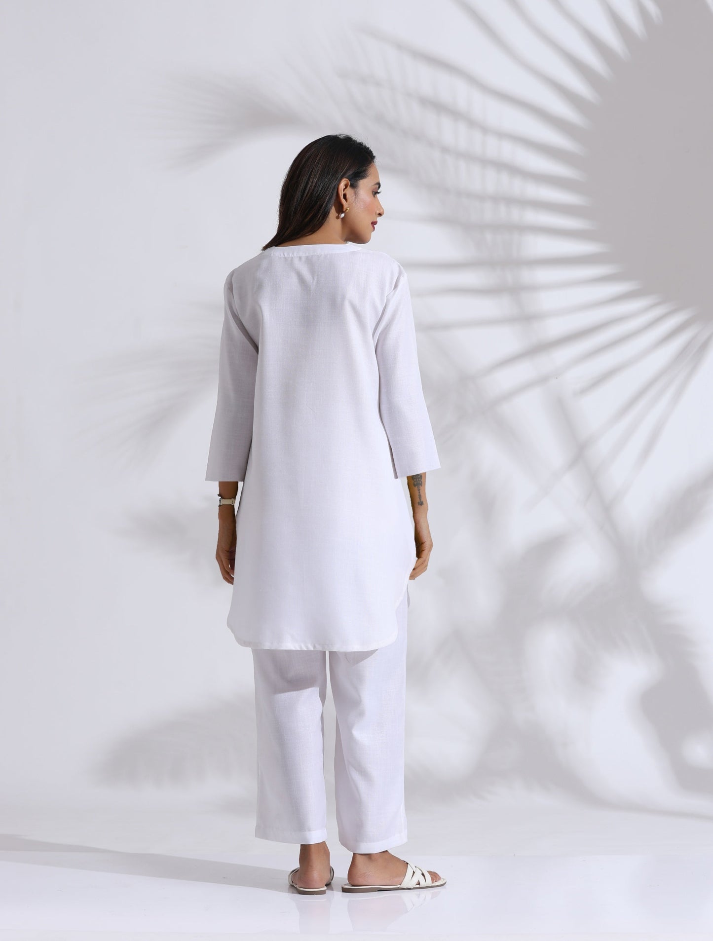 trueBrowns White Slub Kurta Co-ord Set - Swadesiicart
