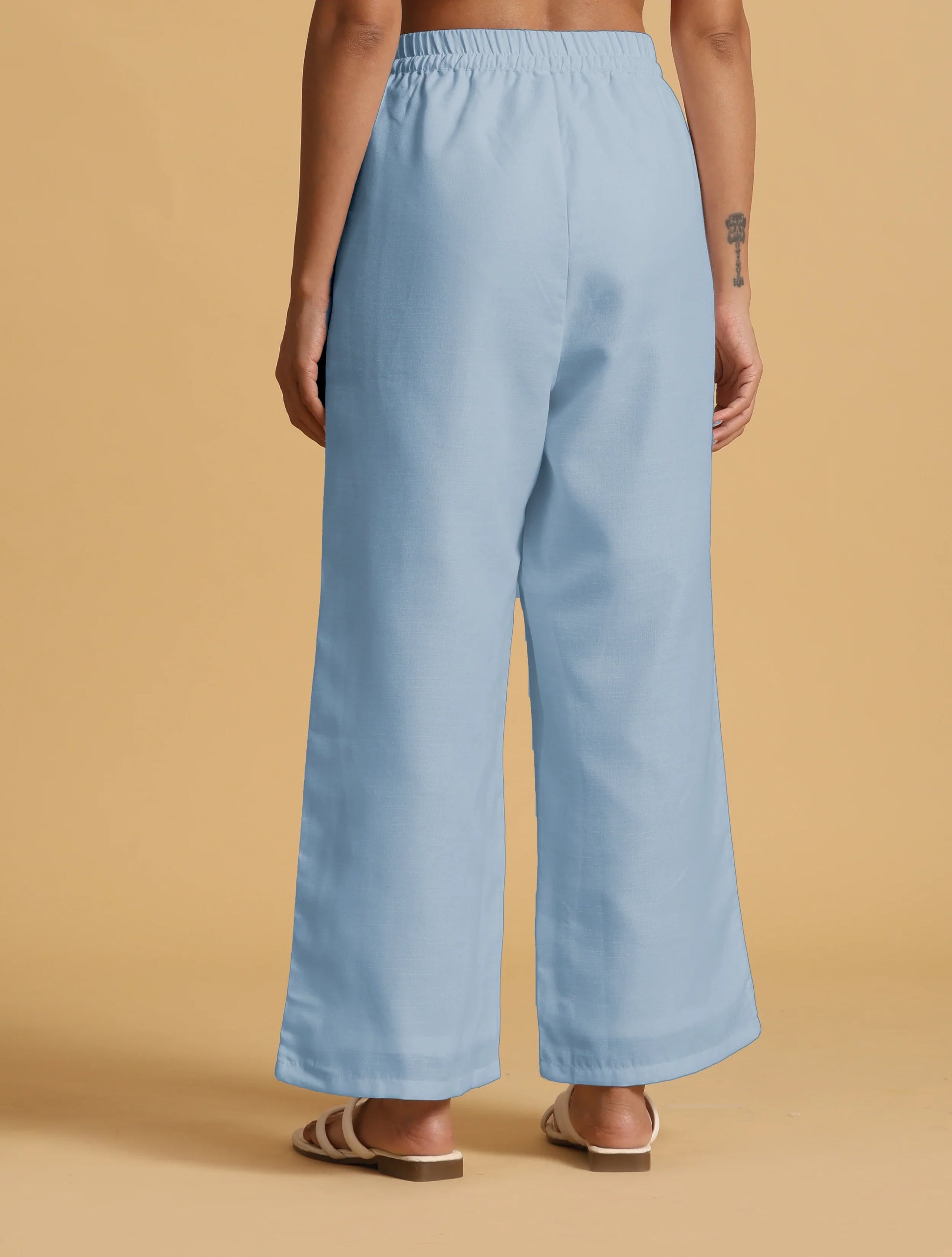 trueBrowns Light Blue Cotton Blend Straight Drawstring Pants | Swadesiicart