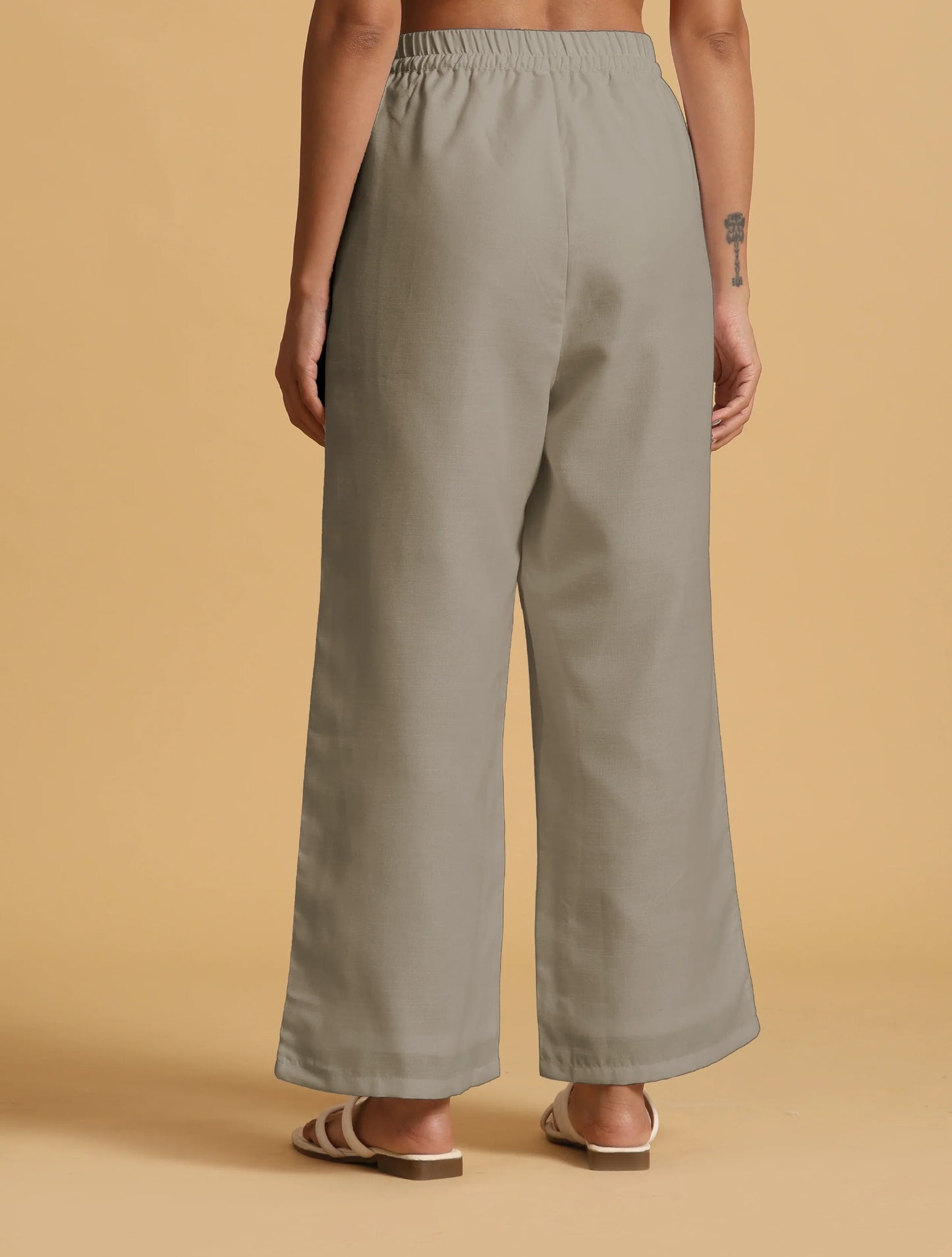 trueBrowns Grey Cotton Blend Elasticated Drawstring Straight Pants | Swadesiicart