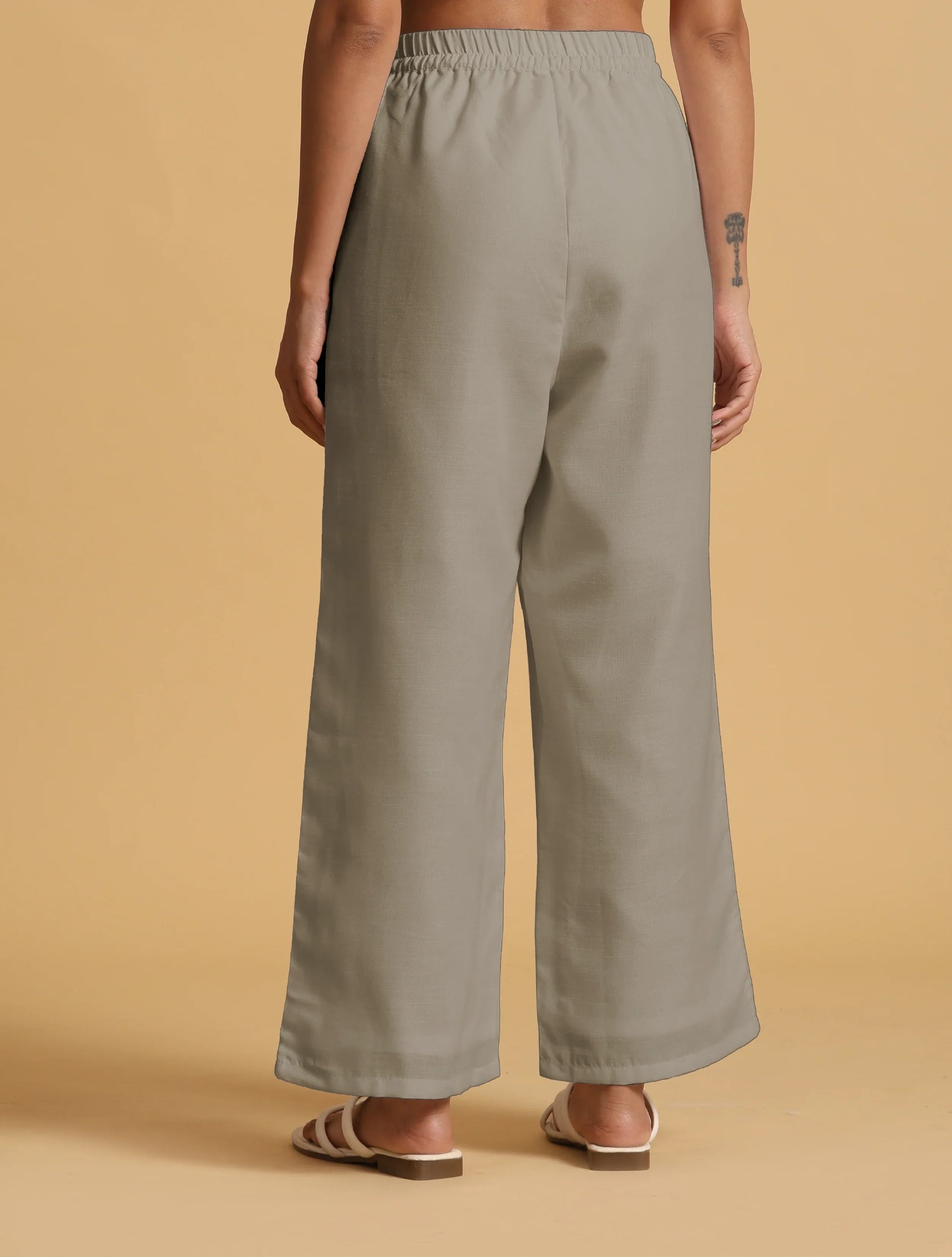 trueBrowns Grey Cotton Blend Elasticated Drawstring Straight Pants | Swadesiicart