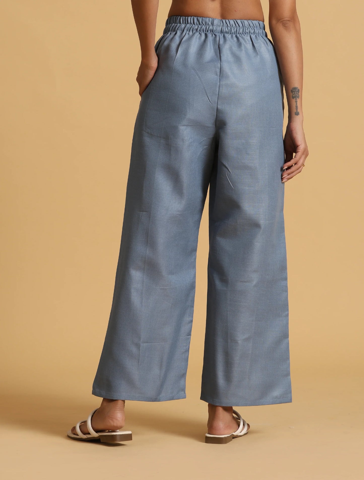 trueBrowns Blue Cotton Blend Elasticated Drawstring Straight Pants | Swadesiicart