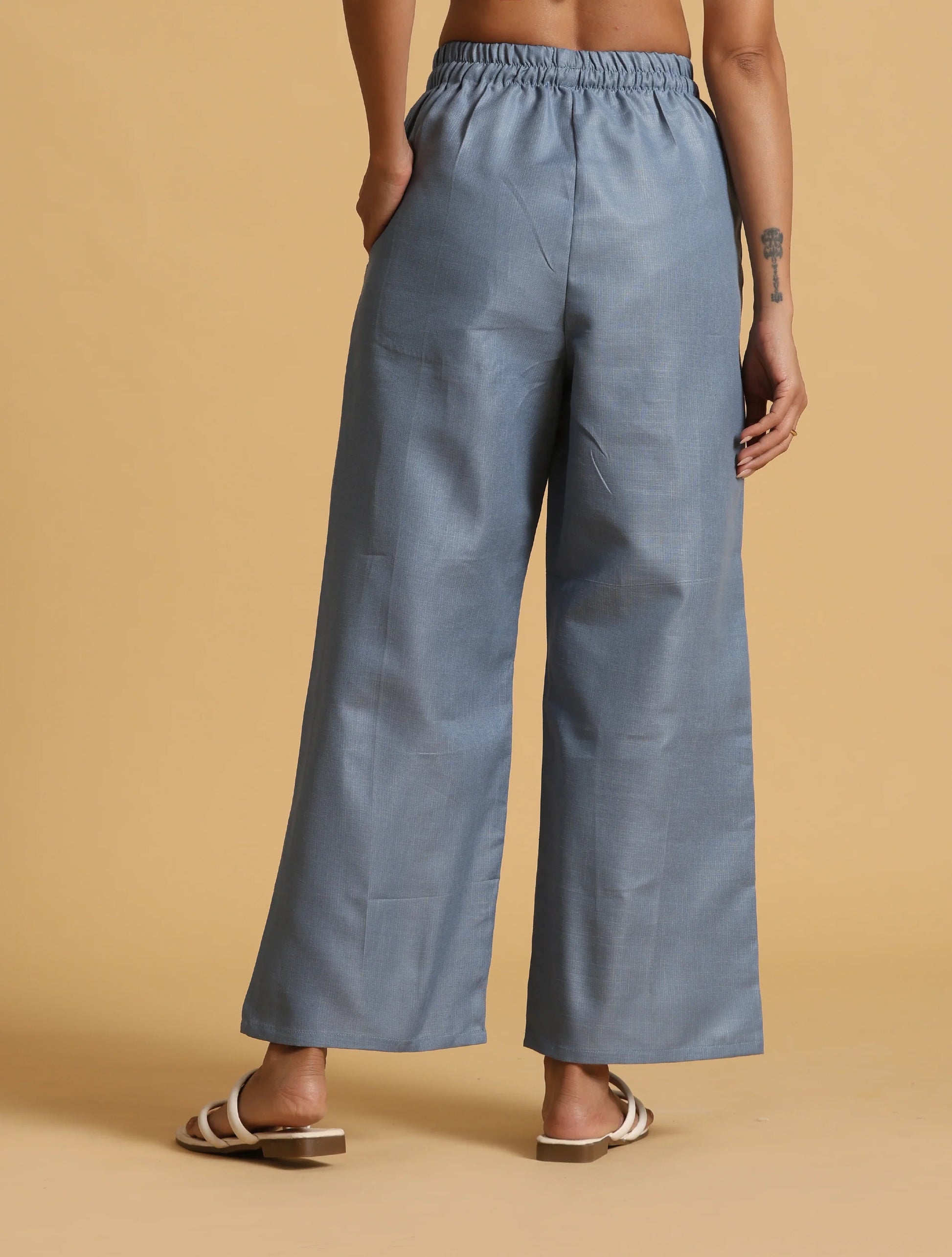 trueBrowns Blue Cotton Blend Elasticated Drawstring Straight Pants | Swadesiicart