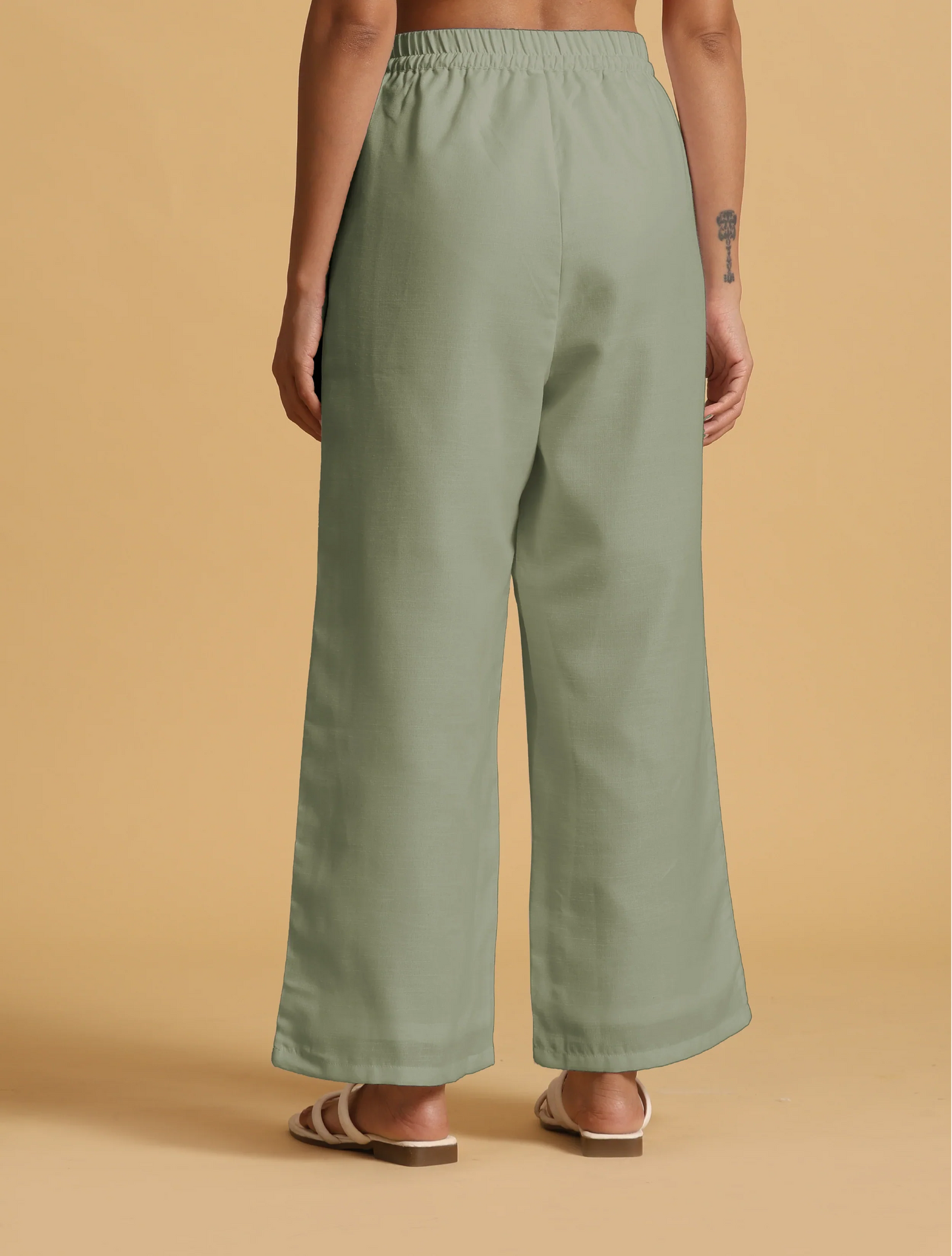 trueBrowns Mint Green Cotton Blend Elasticated Drawstring Straight Pants | Swadesiicart