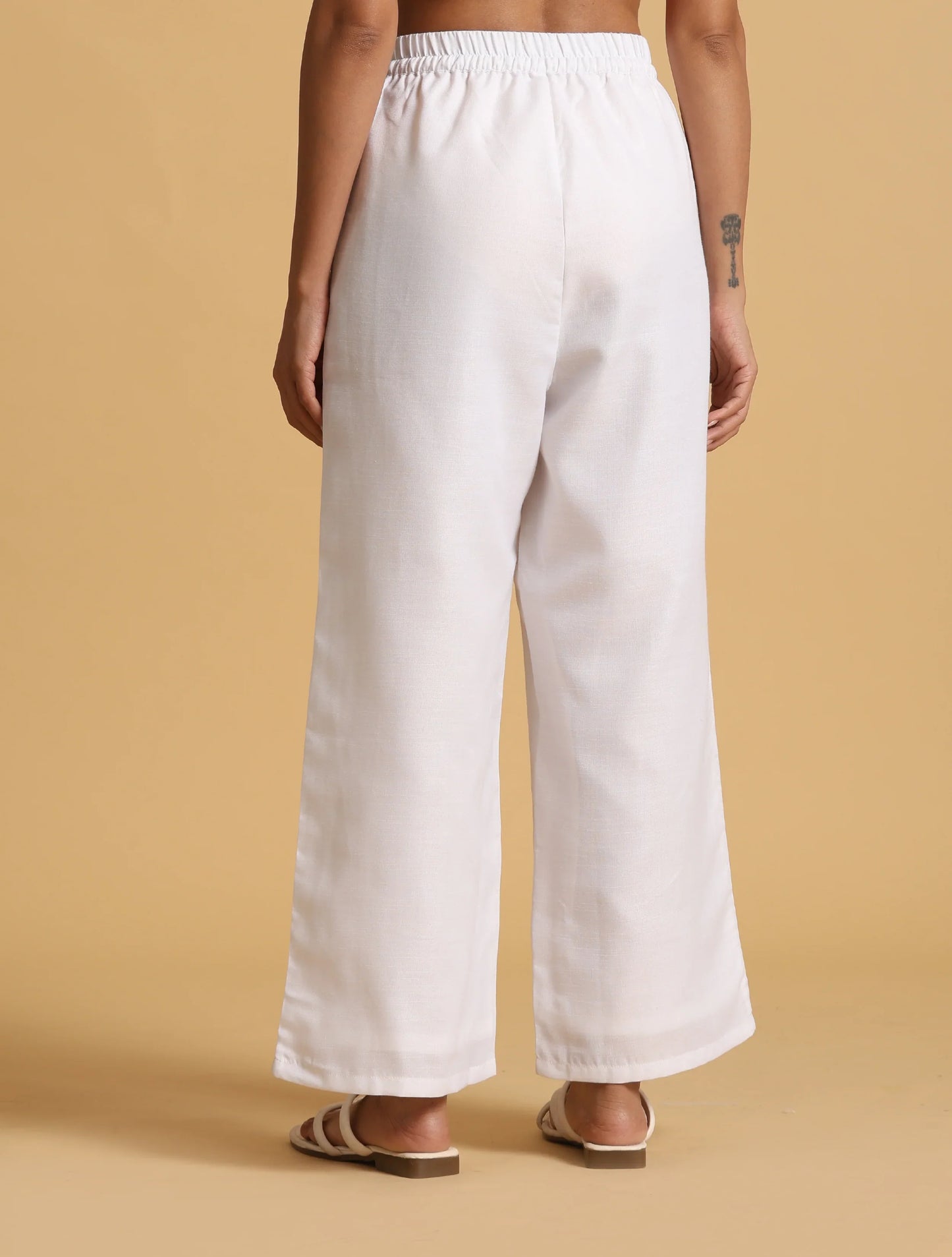 trueBrowns White Cotton Blend Elasticated Drawstring Straight Pants | Swadesiicart