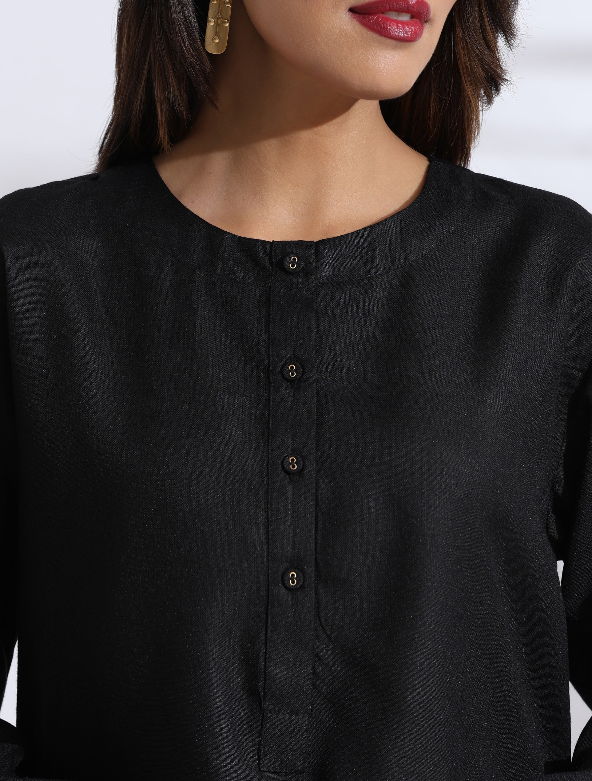 trueBrowns Black Slub Kurta Co-ord Set - Swadesiicart