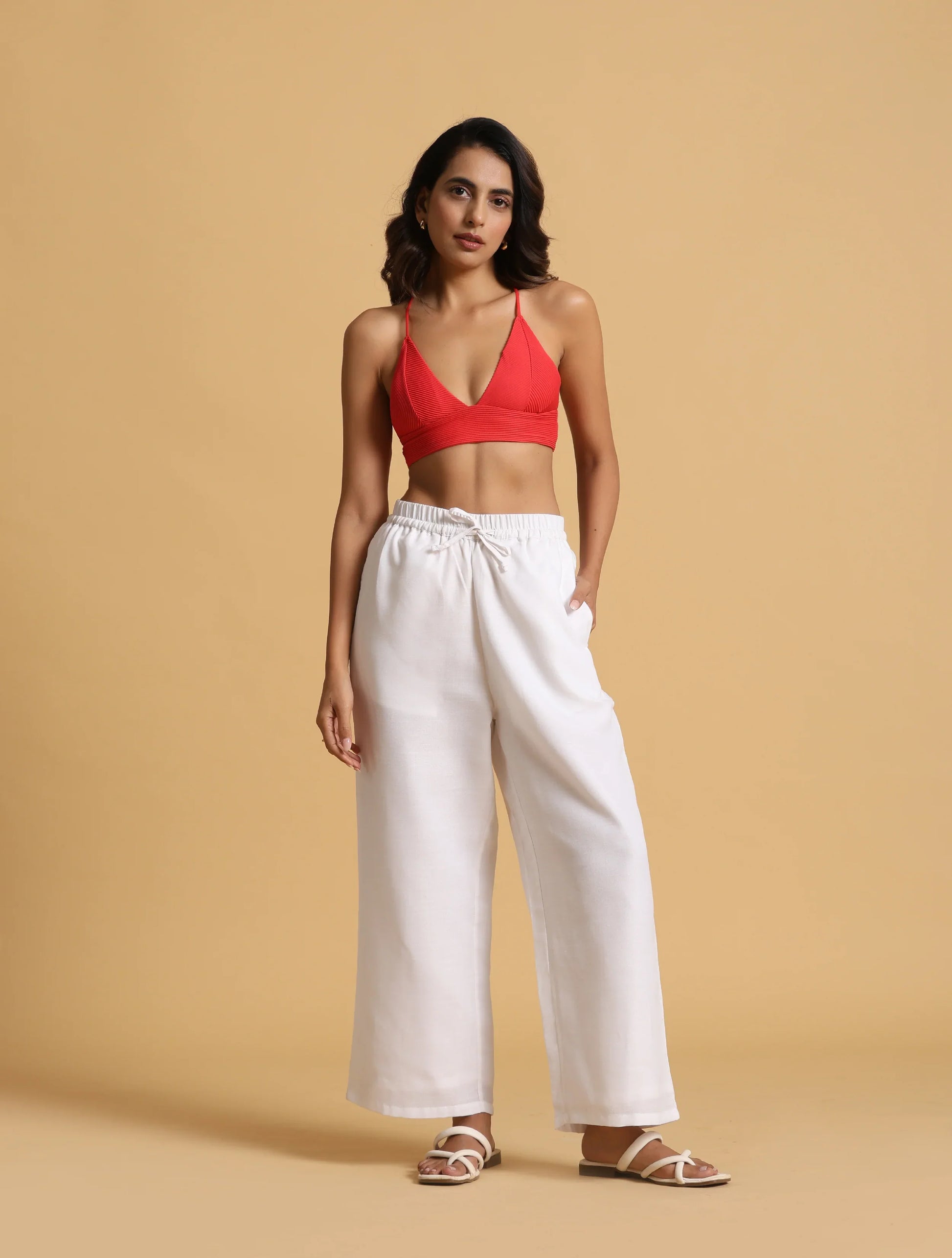 trueBrowns White Cotton Blend Elasticated Drawstring Straight Pants | Swadesiicart