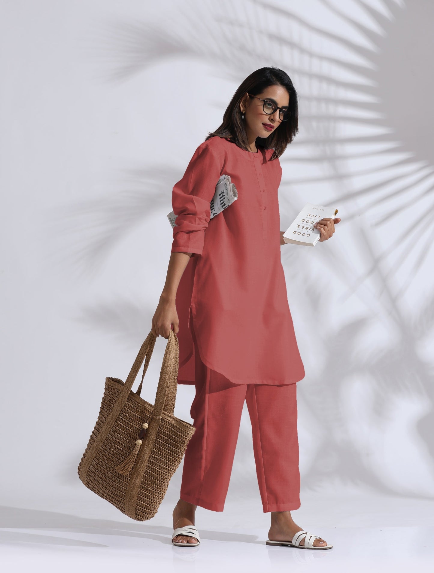 trueBrowns Pink Cotton Blend Pleated Kurta Co-ord Set - Swadesiicart