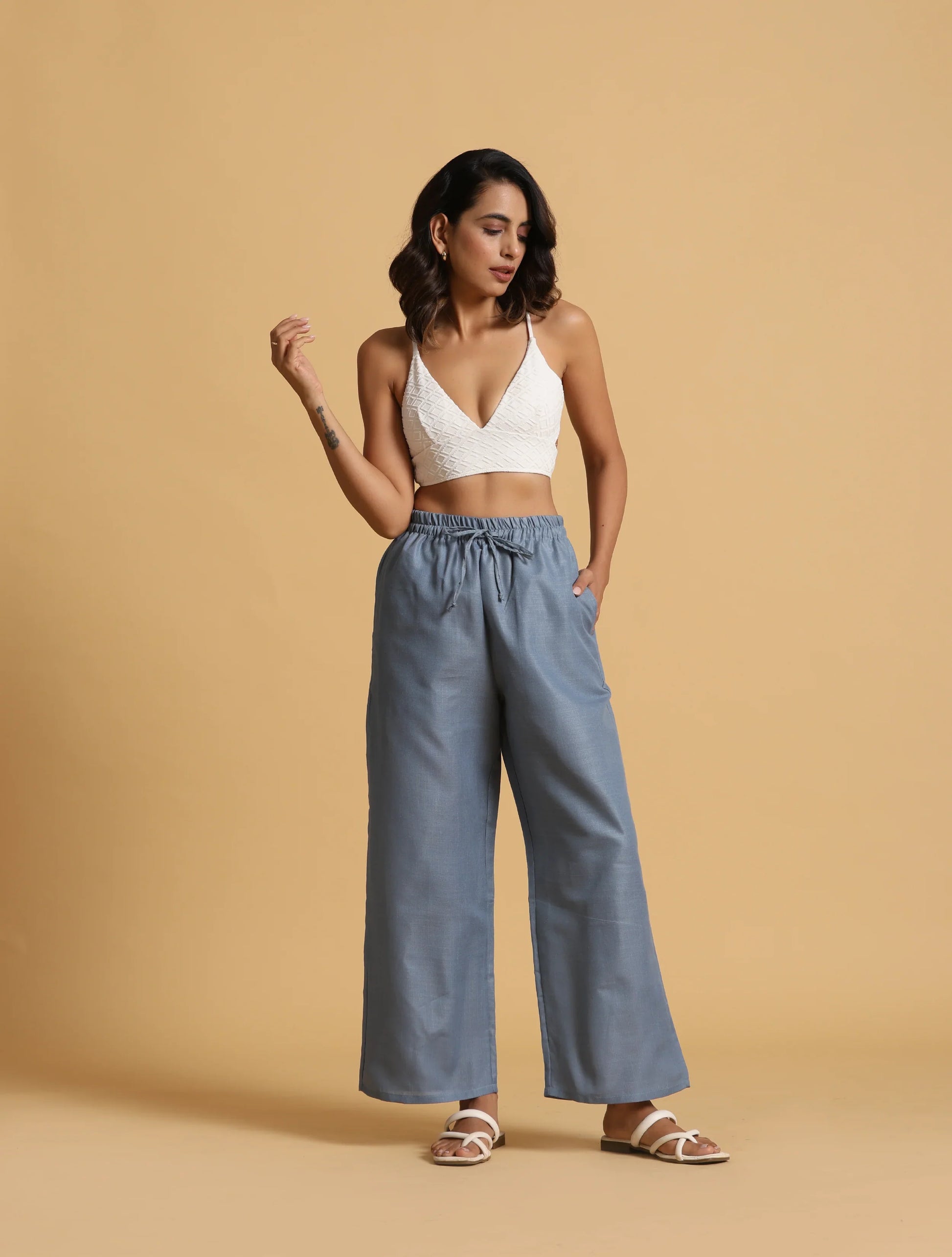 trueBrowns Blue Cotton Blend Elasticated Drawstring Straight Pants | Swadesiicart