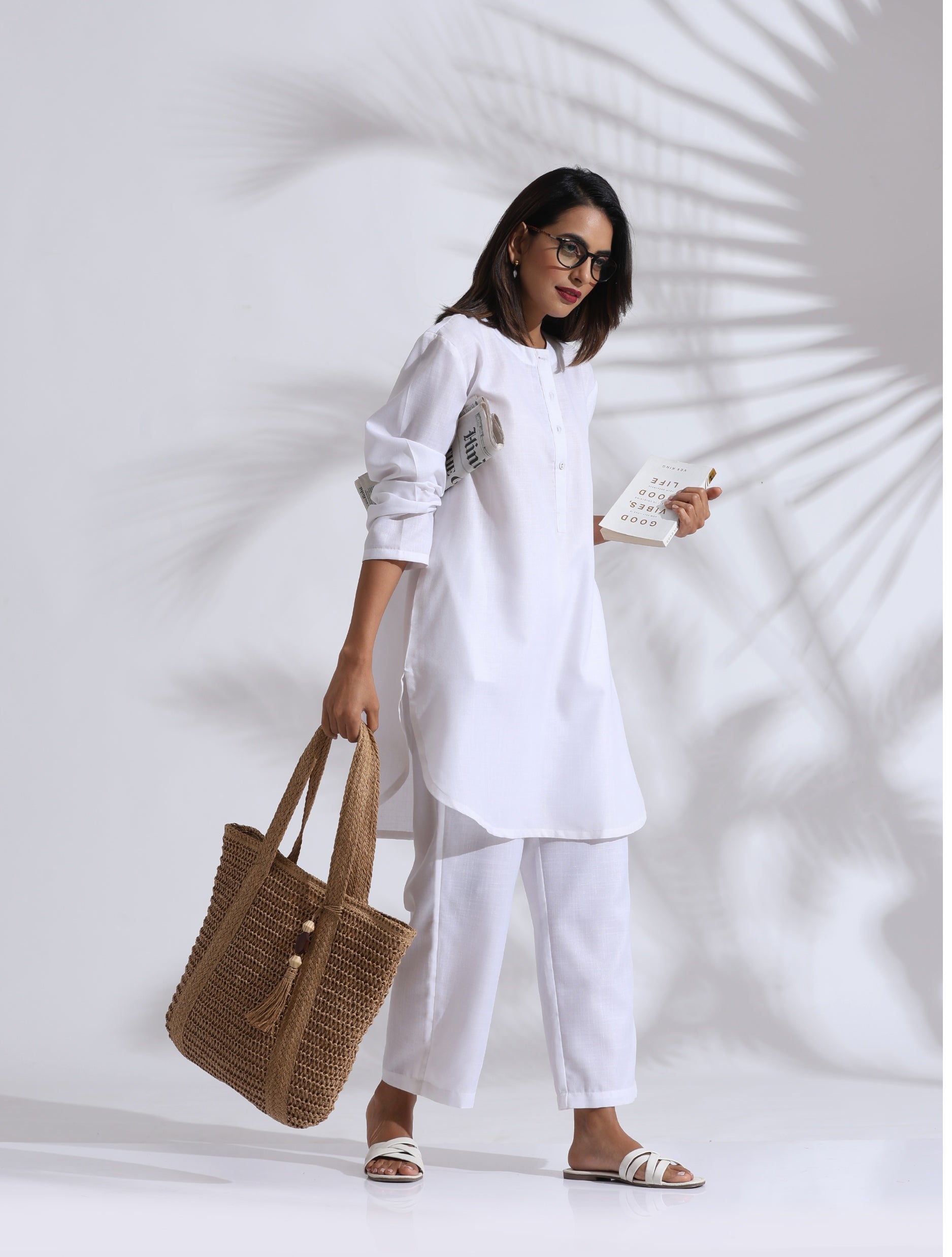 trueBrowns White Slub Kurta Co-ord Set - Swadesiicart