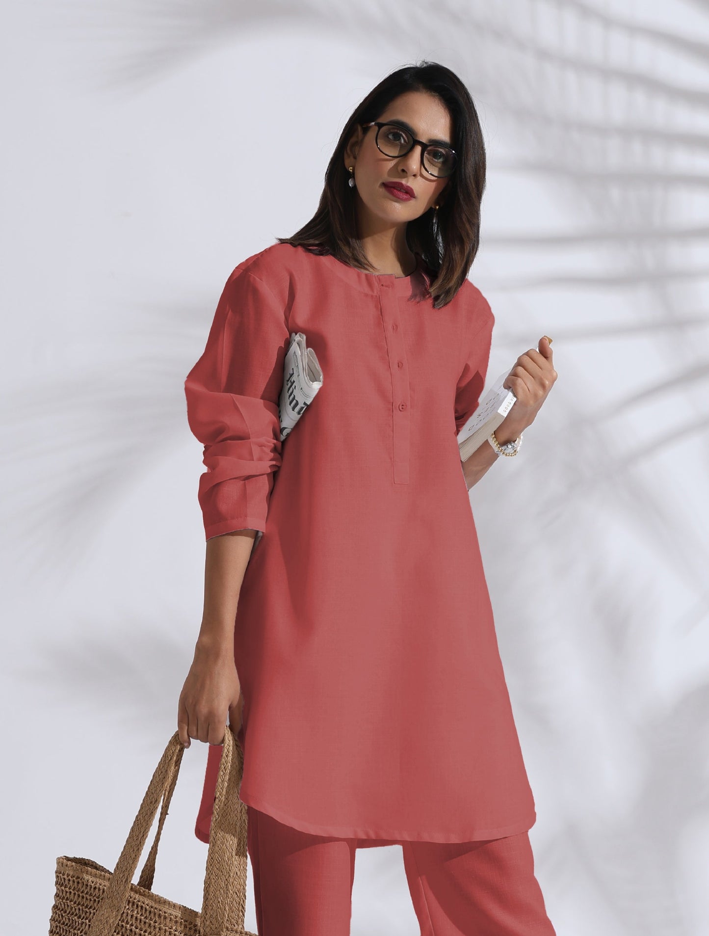 trueBrowns Pink Cotton Blend Pleated Kurta Co-ord Set - Swadesiicart