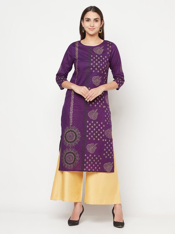 Aniyah Cotton Foil Print Purple Straight Kurta - Swadesiicart