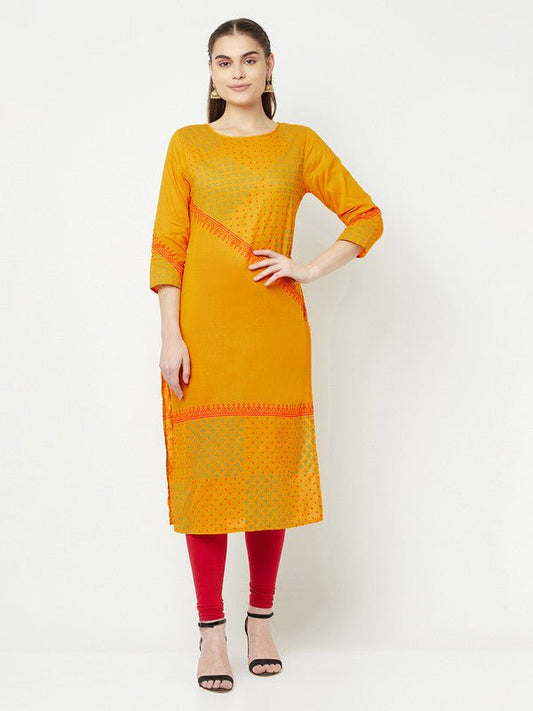 Aniyah Cotton Block Print Mustard Color Straight Kurta - Swadesiicart