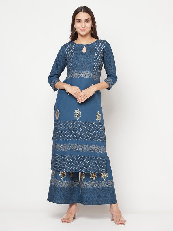 Aniyah Rayon Block Print Straight Blue Kurta - Swadesiicart