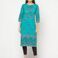 Aniyah Turquoise Cotton Block Print Straight Kurta - Swadesiicart