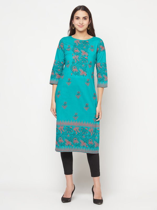 Aniyah Turquoise Cotton Block Print Straight Kurta - Swadesiicart