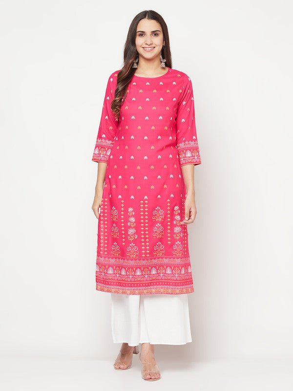 Aniyah Rayon Screen Print Fuchsia Straight Kurta - Swadesiicart