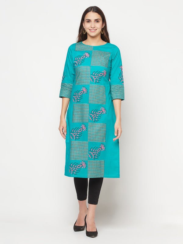 Aniyah Cotton Block Print Turquoise Straight Kurta - Swadesiicart