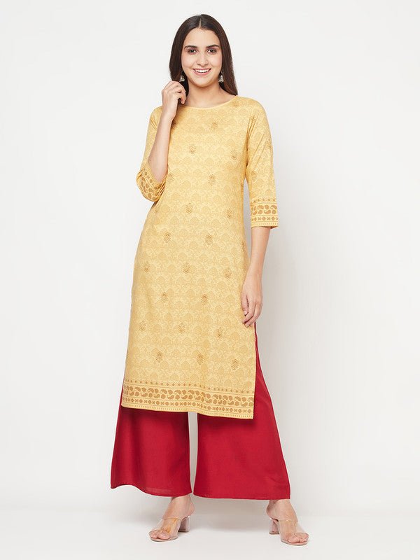 Aniyah Rayon Digital Screen Printed Golden Beige Straight Kurta - Swadesiicart