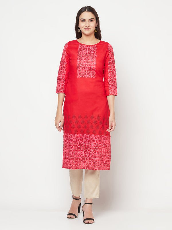 Aniyah Cotton Block Print Red Straight Kurta - Swadesiicart