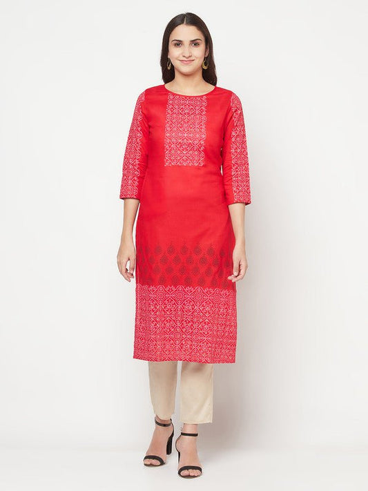 Aniyah Cotton Block Print Red Straight Kurta - Swadesiicart